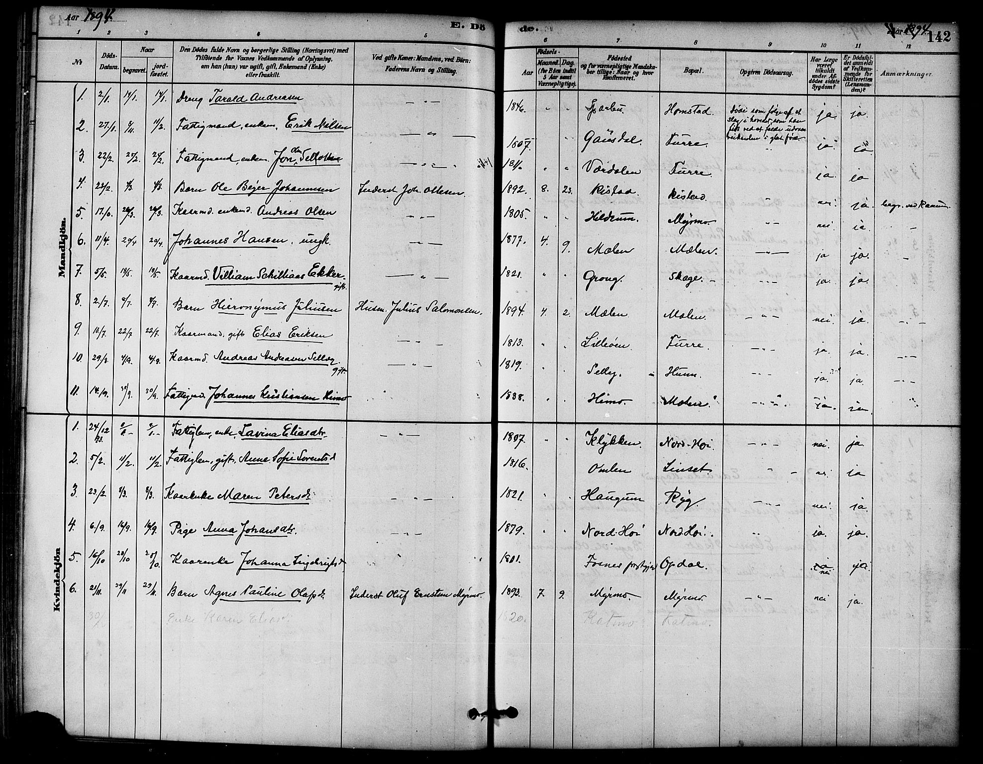 Ministerialprotokoller, klokkerbøker og fødselsregistre - Nord-Trøndelag, SAT/A-1458/766/L0563: Parish register (official) no. 767A01, 1881-1899, p. 142