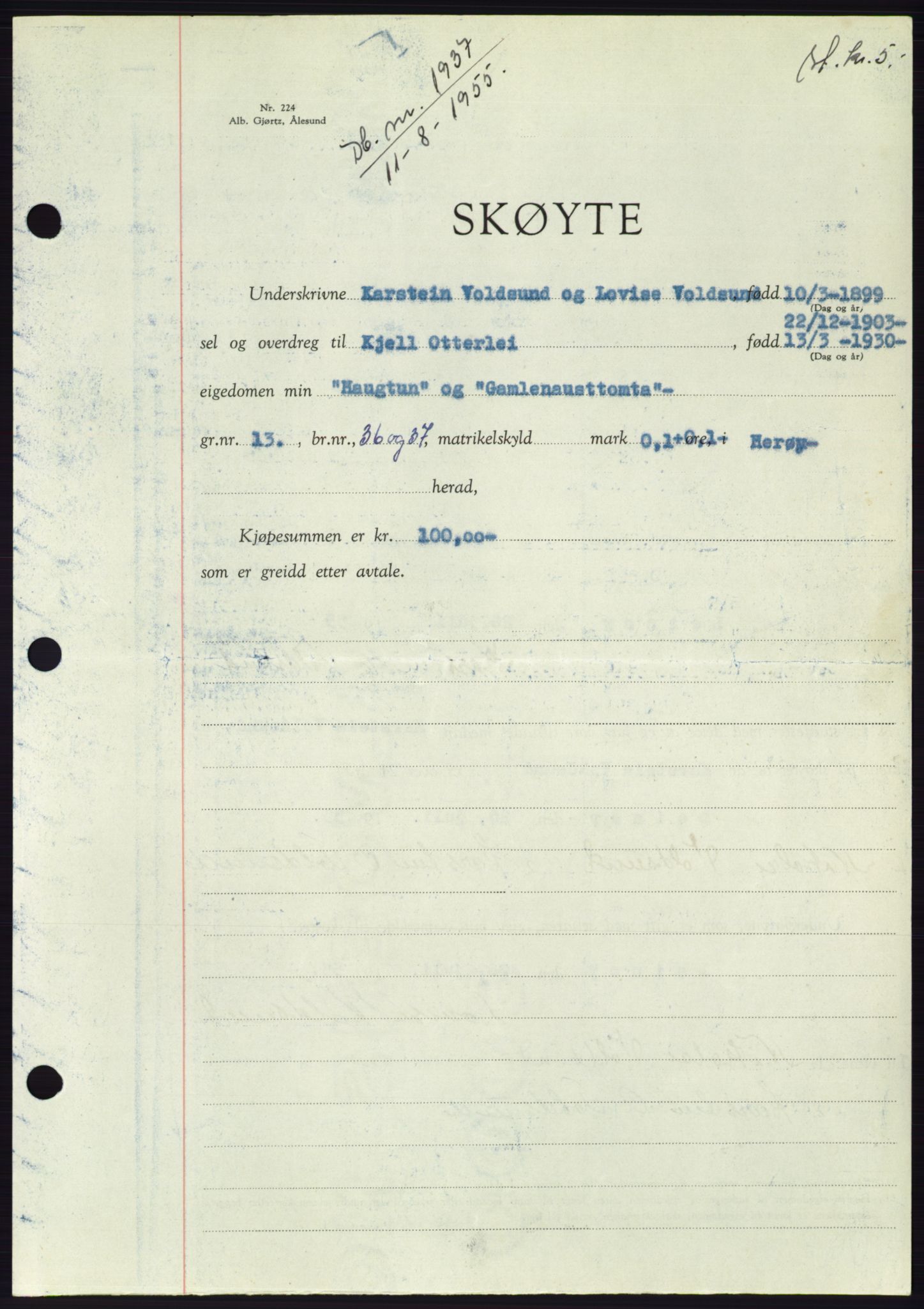 Søre Sunnmøre sorenskriveri, AV/SAT-A-4122/1/2/2C/L0101: Mortgage book no. 27A, 1955-1955, Diary no: : 1937/1955