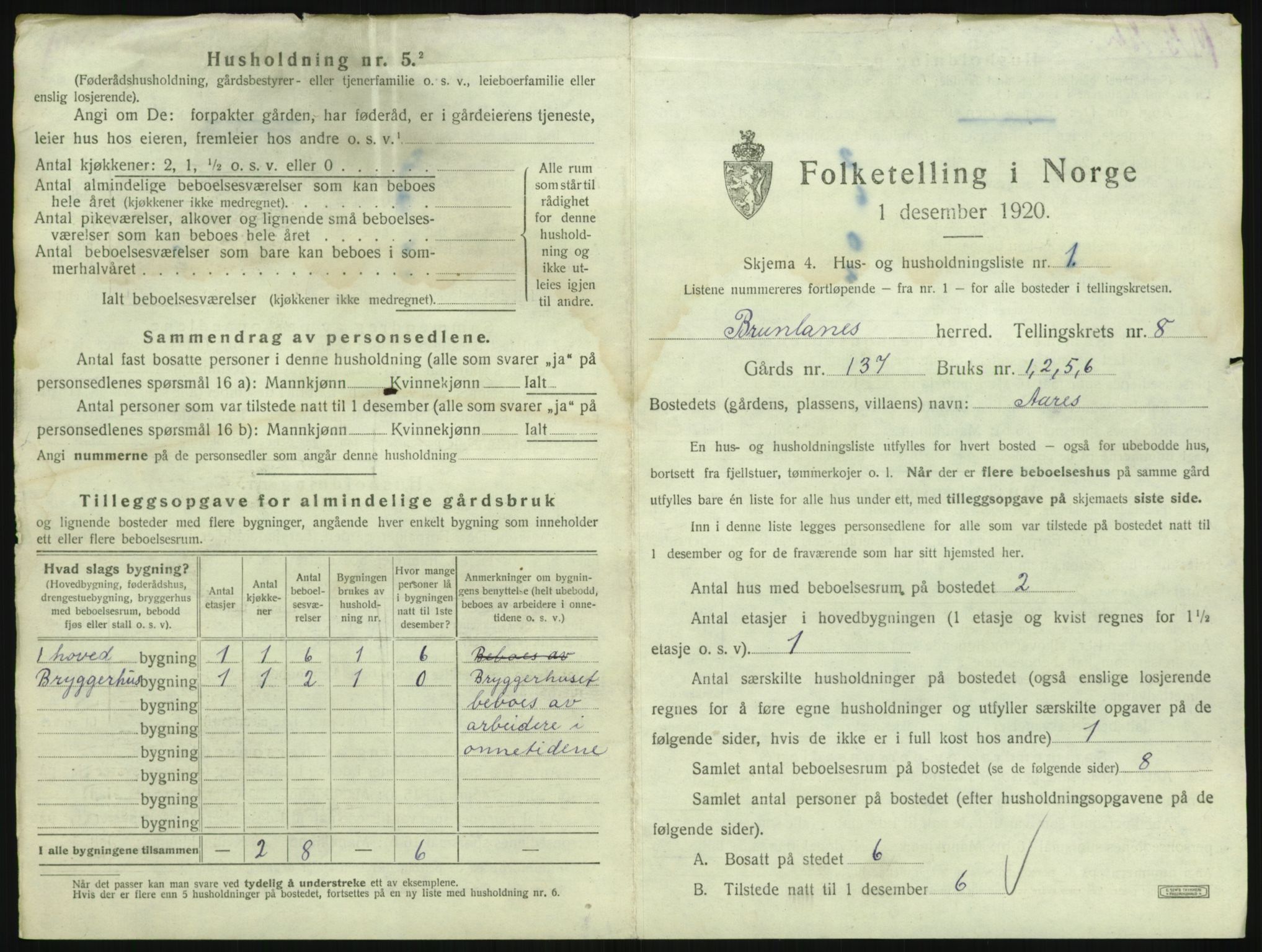 SAKO, 1920 census for Brunlanes, 1920, p. 1033