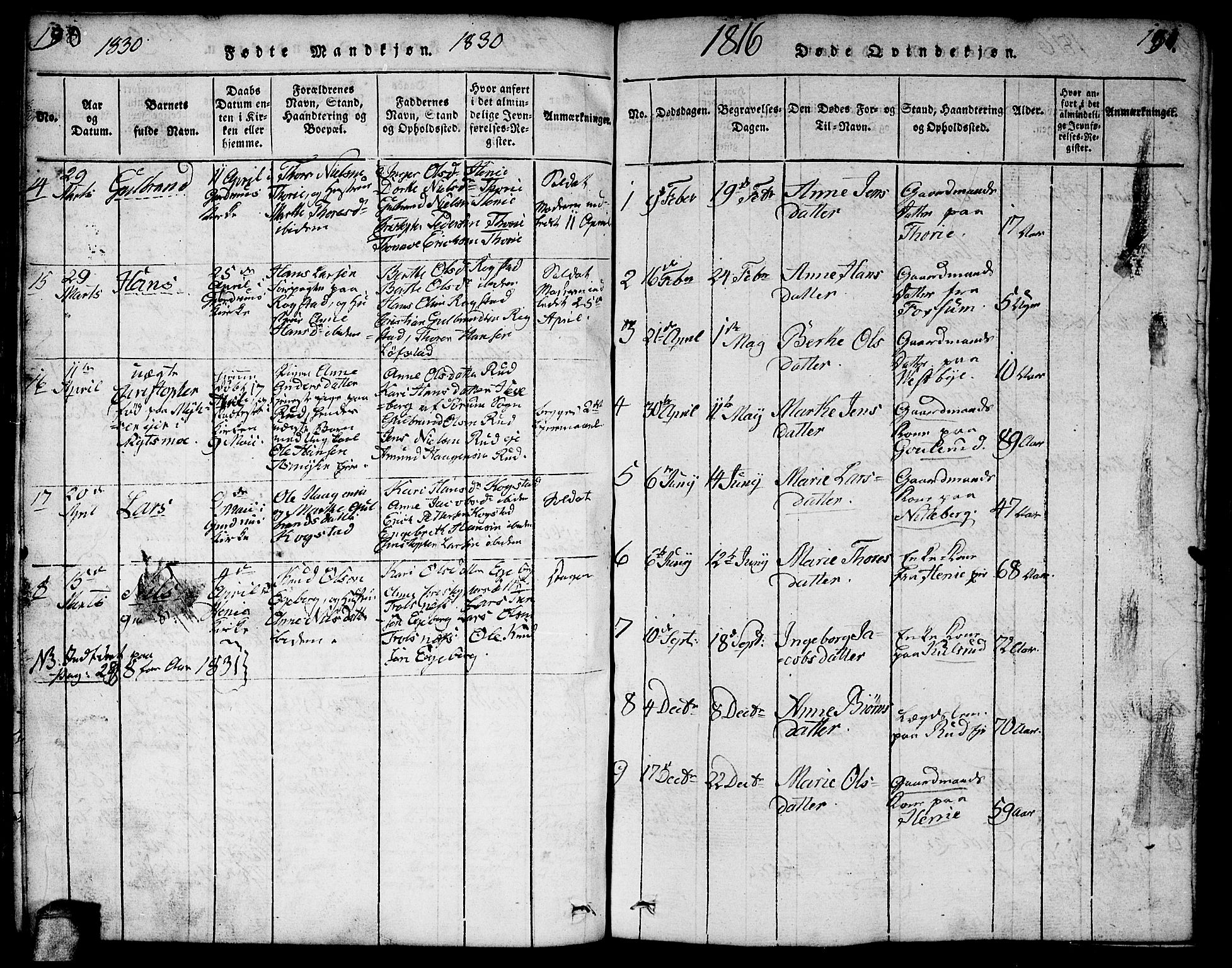 Gjerdrum prestekontor Kirkebøker, SAO/A-10412b/F/Fa/L0004: Parish register (official) no. I 4, 1816-1836, p. 190-191