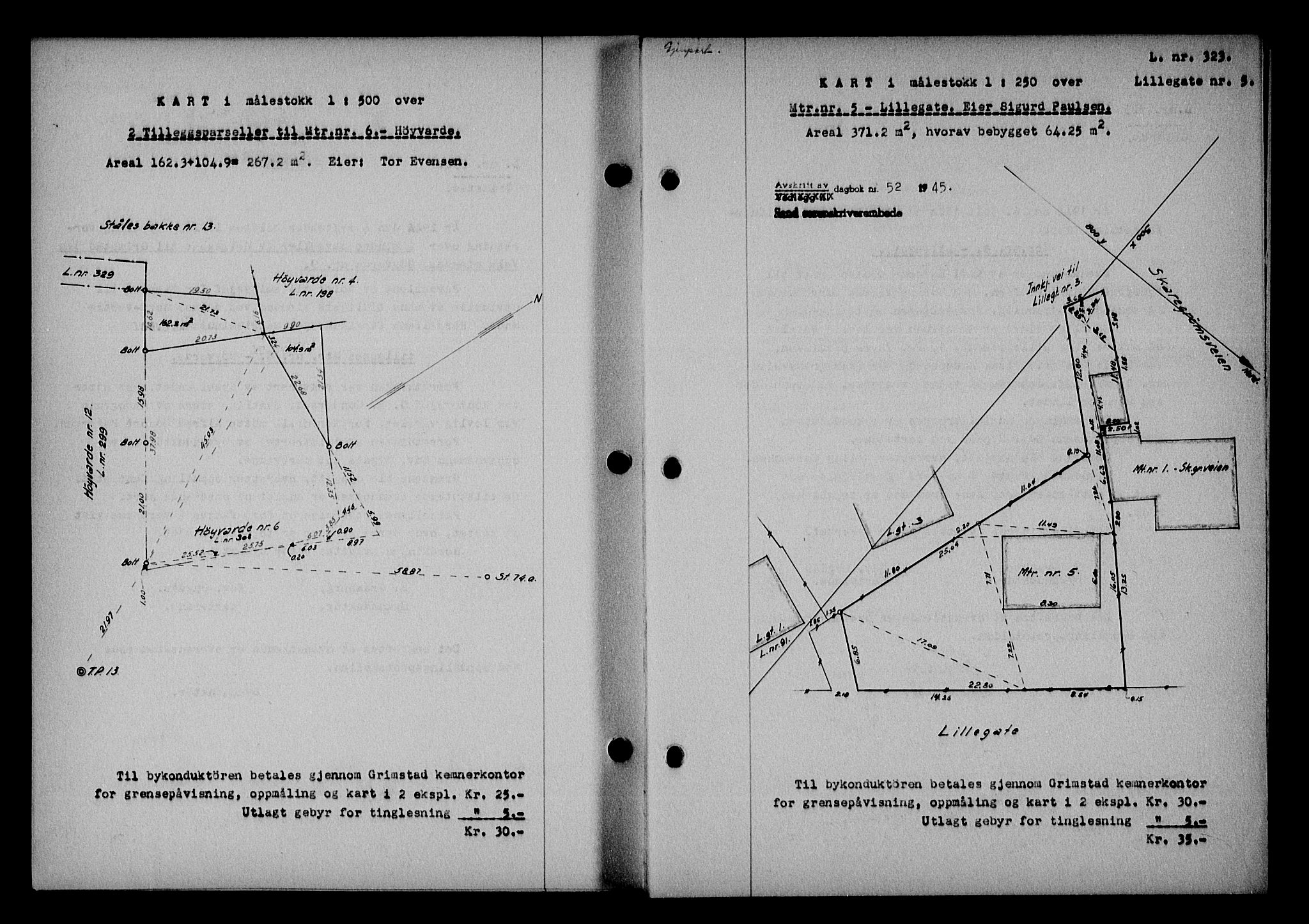 Vestre Nedenes/Sand sorenskriveri, SAK/1221-0010/G/Gb/Gba/L0053: Mortgage book no. A 6, 1944-1945, Diary no: : 52/1945