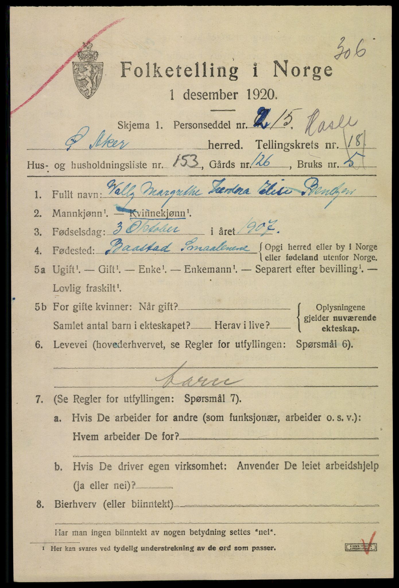 SAO, 1920 census for Aker, 1920, p. 114396