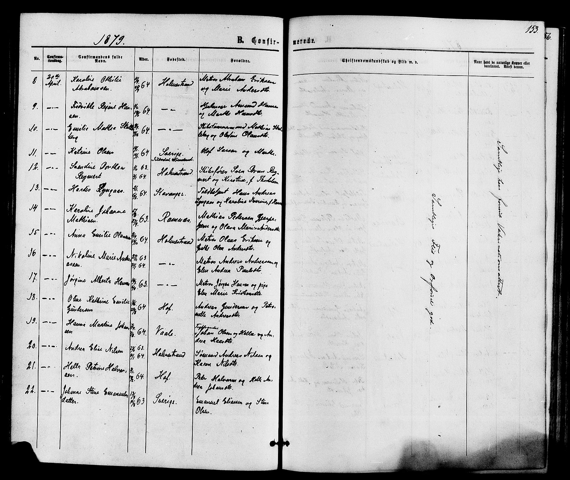 Holmestrand kirkebøker, SAKO/A-346/F/Fa/L0003: Parish register (official) no. 3, 1867-1879, p. 153