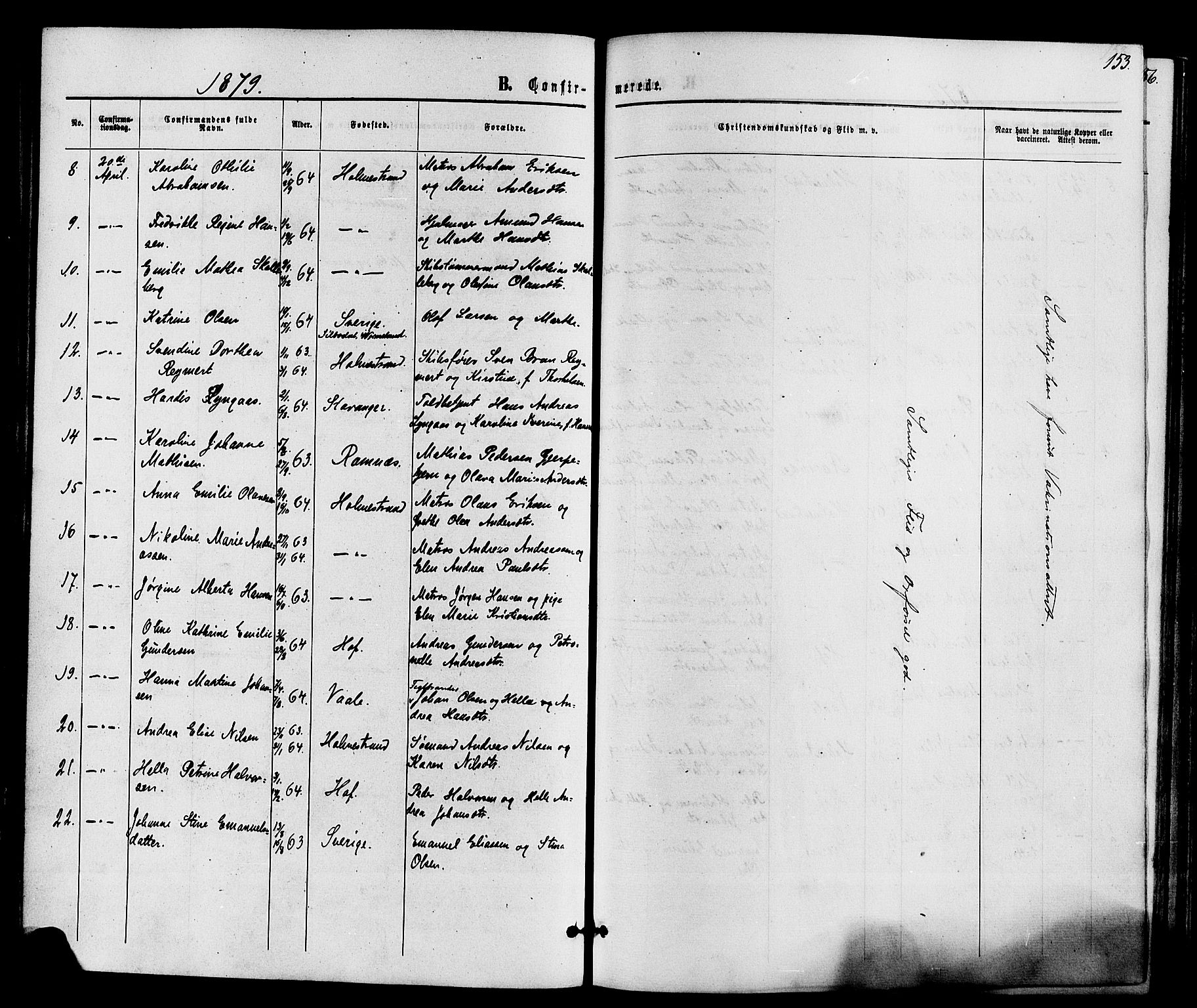 Holmestrand kirkebøker, AV/SAKO-A-346/F/Fa/L0003: Parish register (official) no. 3, 1867-1879, p. 153