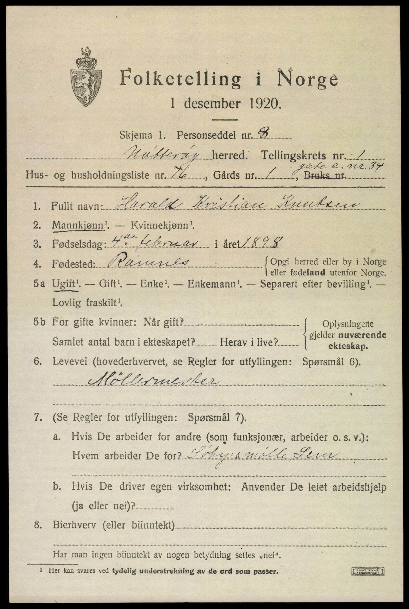 SAKO, 1920 census for Nøtterøy, 1920, p. 3847