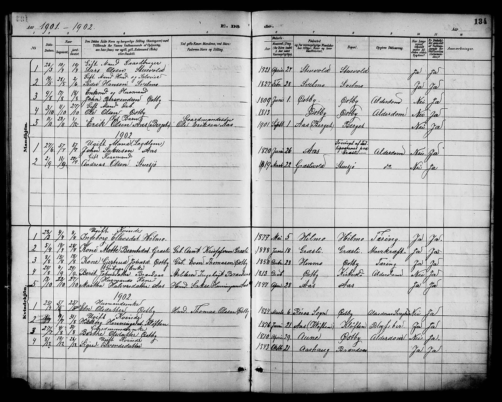 Ministerialprotokoller, klokkerbøker og fødselsregistre - Sør-Trøndelag, SAT/A-1456/698/L1167: Parish register (copy) no. 698C04, 1888-1907, p. 134