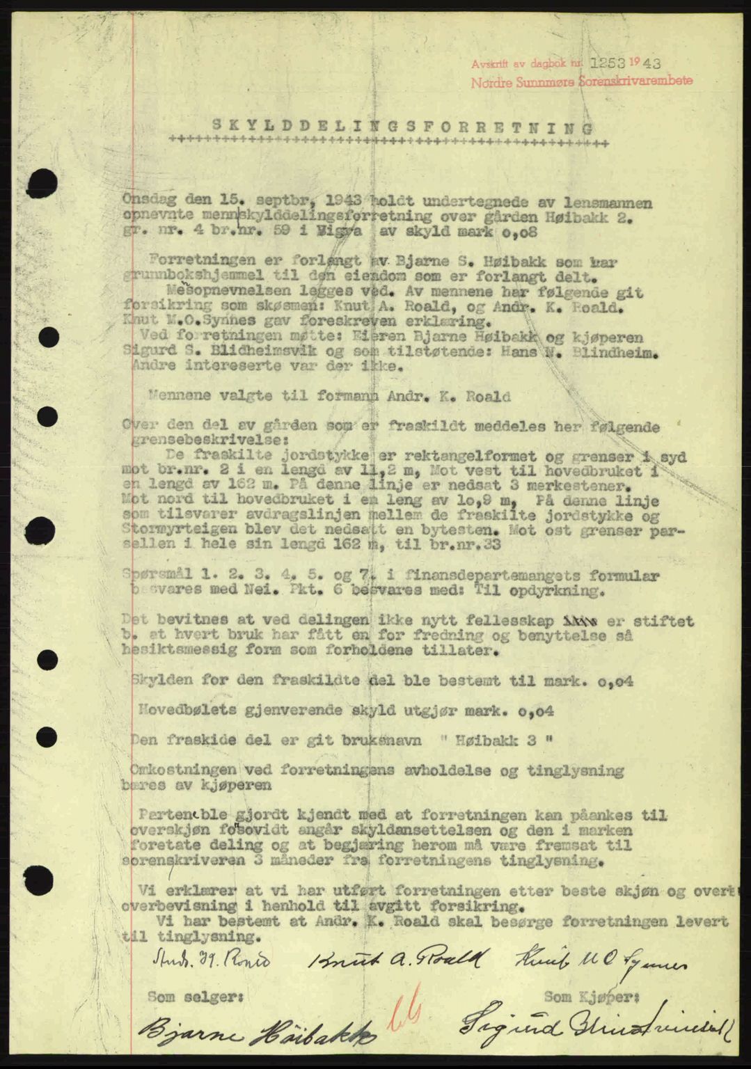 Nordre Sunnmøre sorenskriveri, AV/SAT-A-0006/1/2/2C/2Ca: Mortgage book no. A16, 1943-1943, Diary no: : 1253/1943