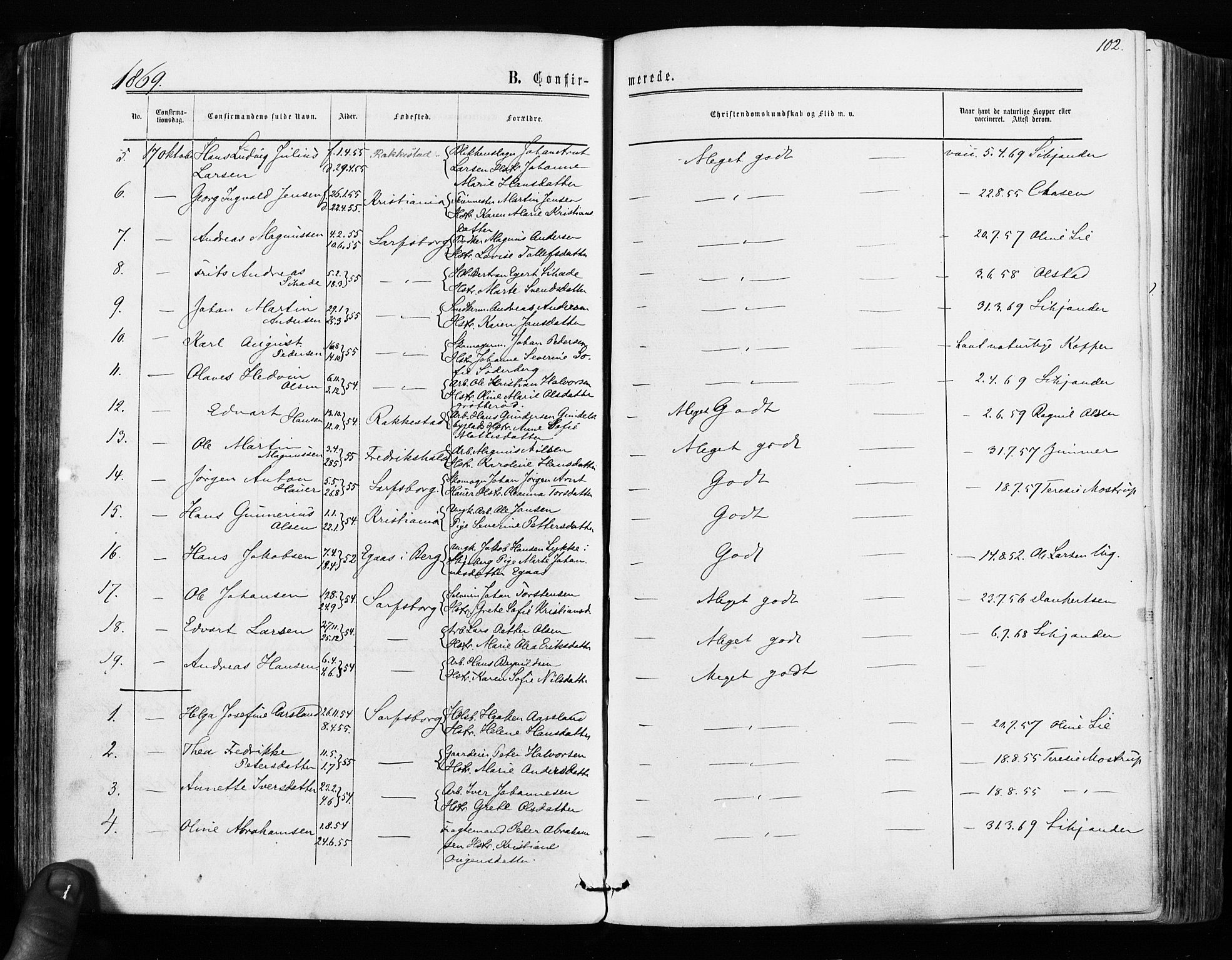 Sarpsborg prestekontor Kirkebøker, AV/SAO-A-2006/F/Fa/L0002: Parish register (official) no. 2, 1869-1877, p. 102