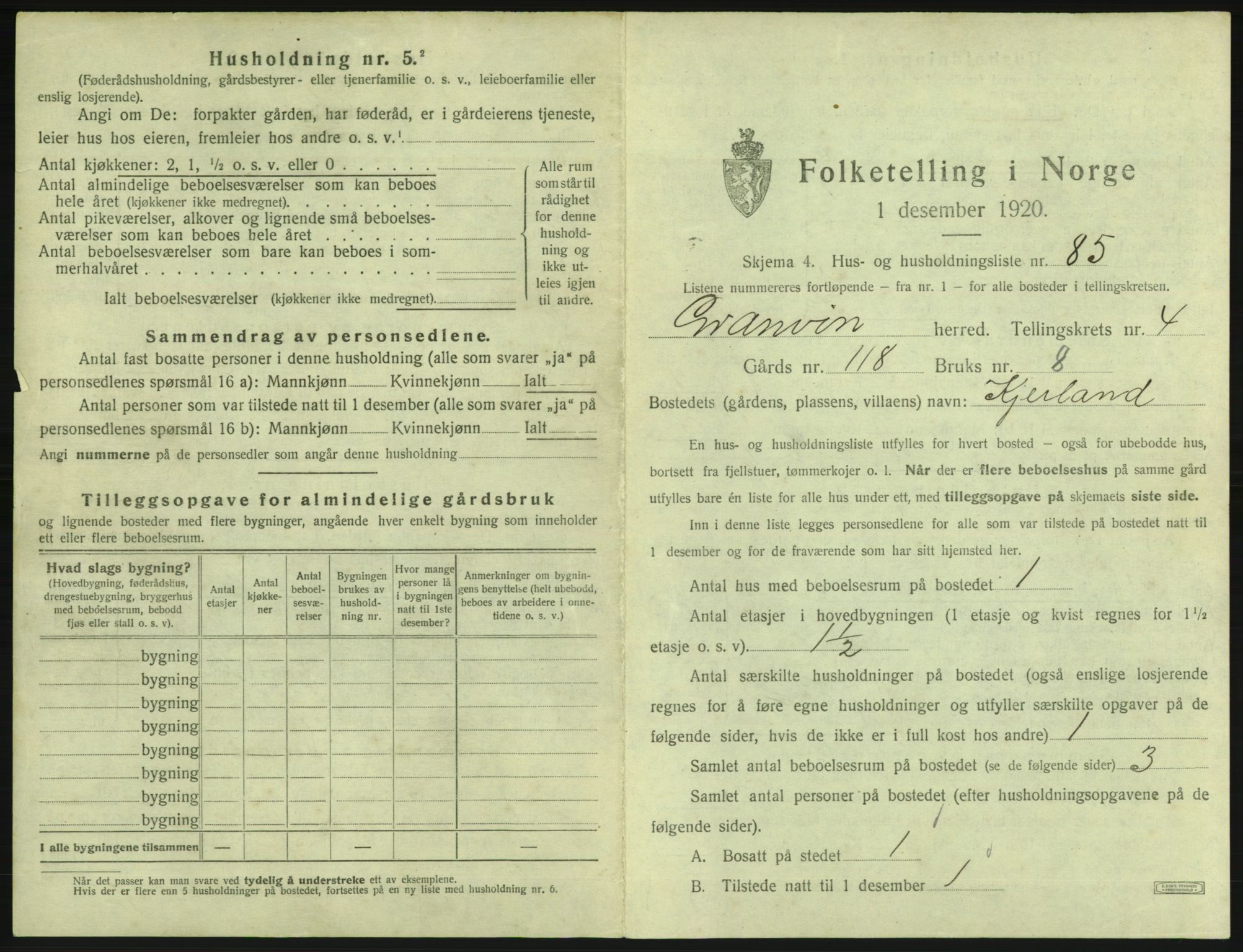 SAB, 1920 census for Granvin, 1920, p. 399