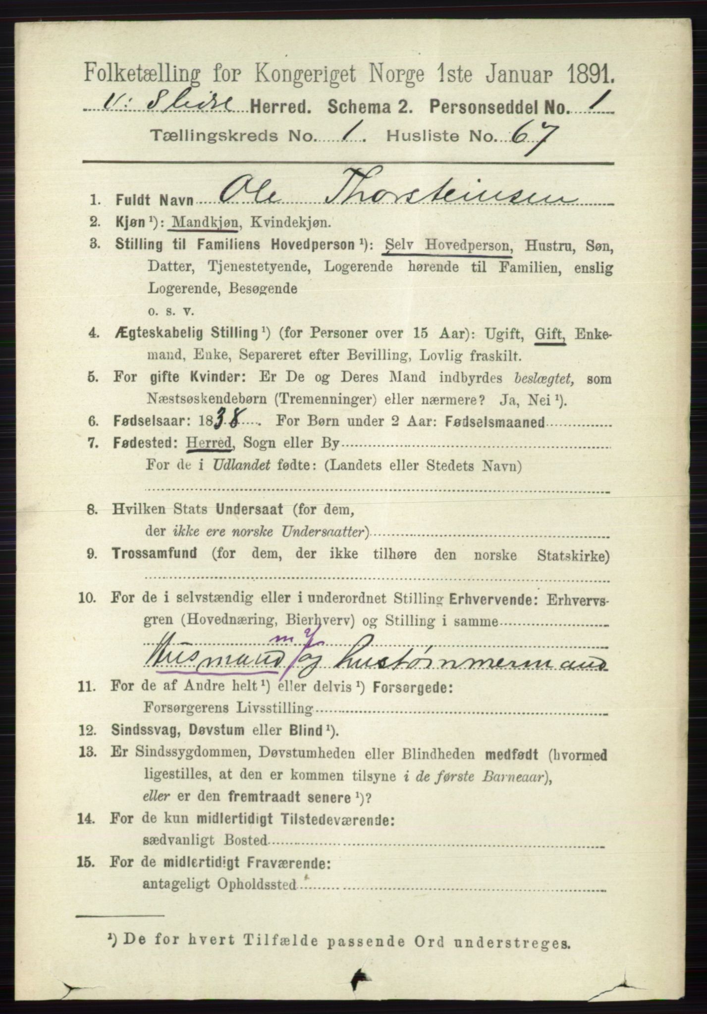 RA, 1891 census for 0543 Vestre Slidre, 1891, p. 452