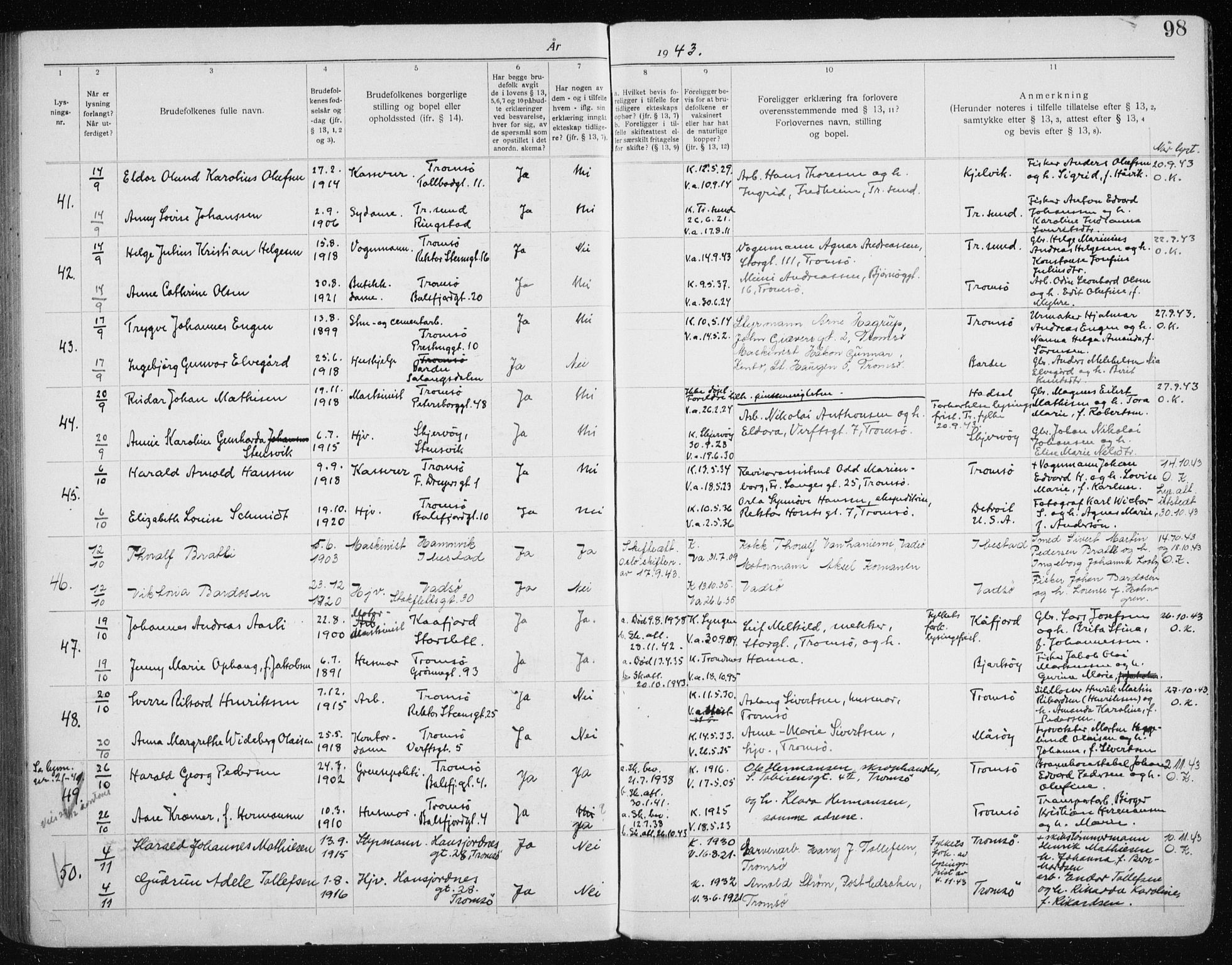 Tromsø sokneprestkontor/stiftsprosti/domprosti, AV/SATØ-S-1343/H/Hc/L0101: Banns register no. 101, 1933-1943, p. 98