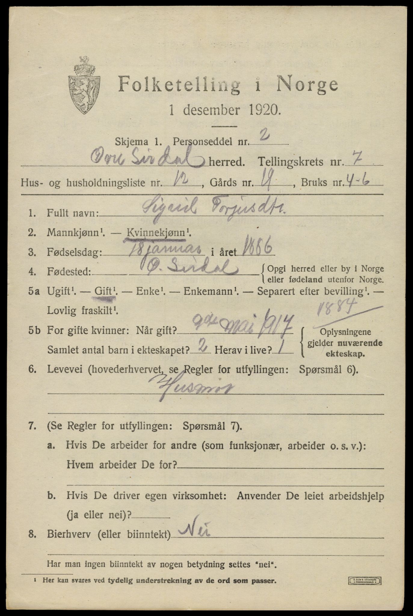 SAK, 1920 census for Øvre Sirdal, 1920, p. 1315