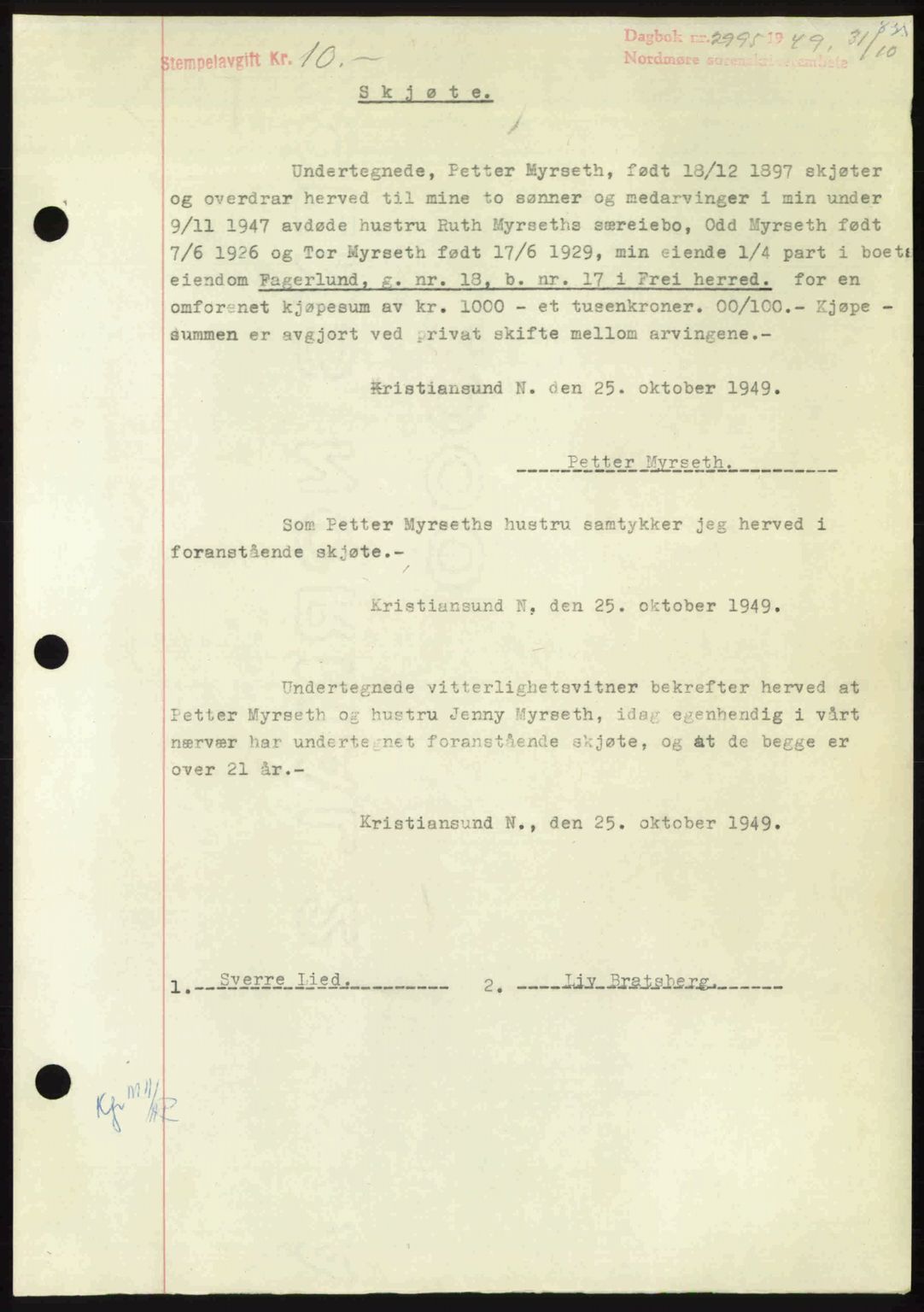 Nordmøre sorenskriveri, AV/SAT-A-4132/1/2/2Ca: Mortgage book no. A112, 1949-1949, Diary no: : 2995/1949