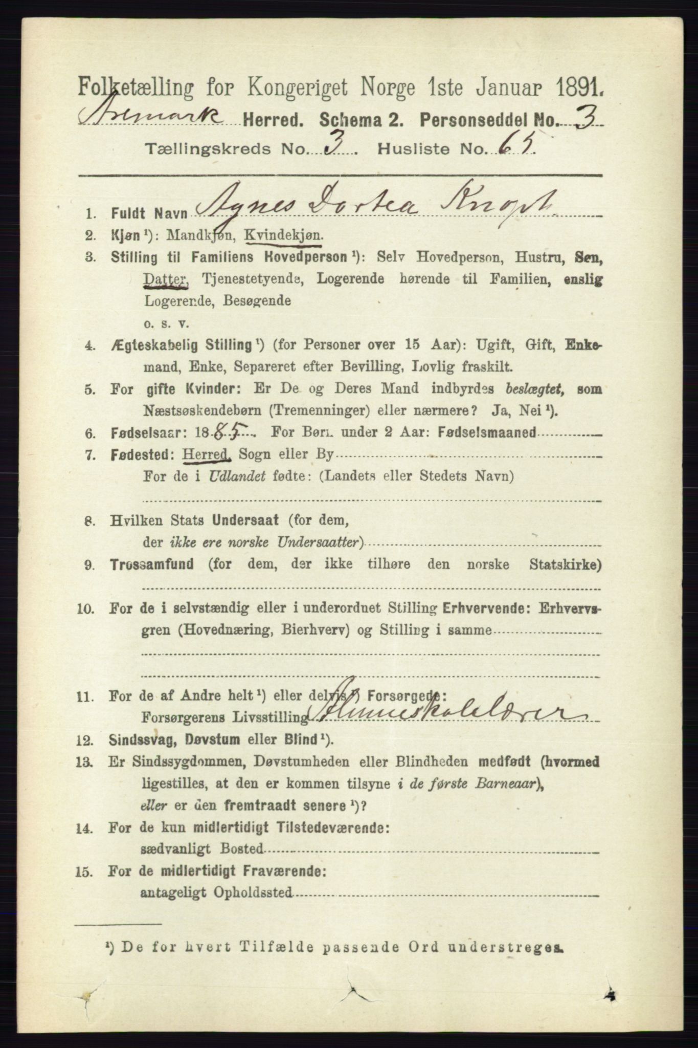 RA, 1891 census for 0118 Aremark, 1891, p. 1826