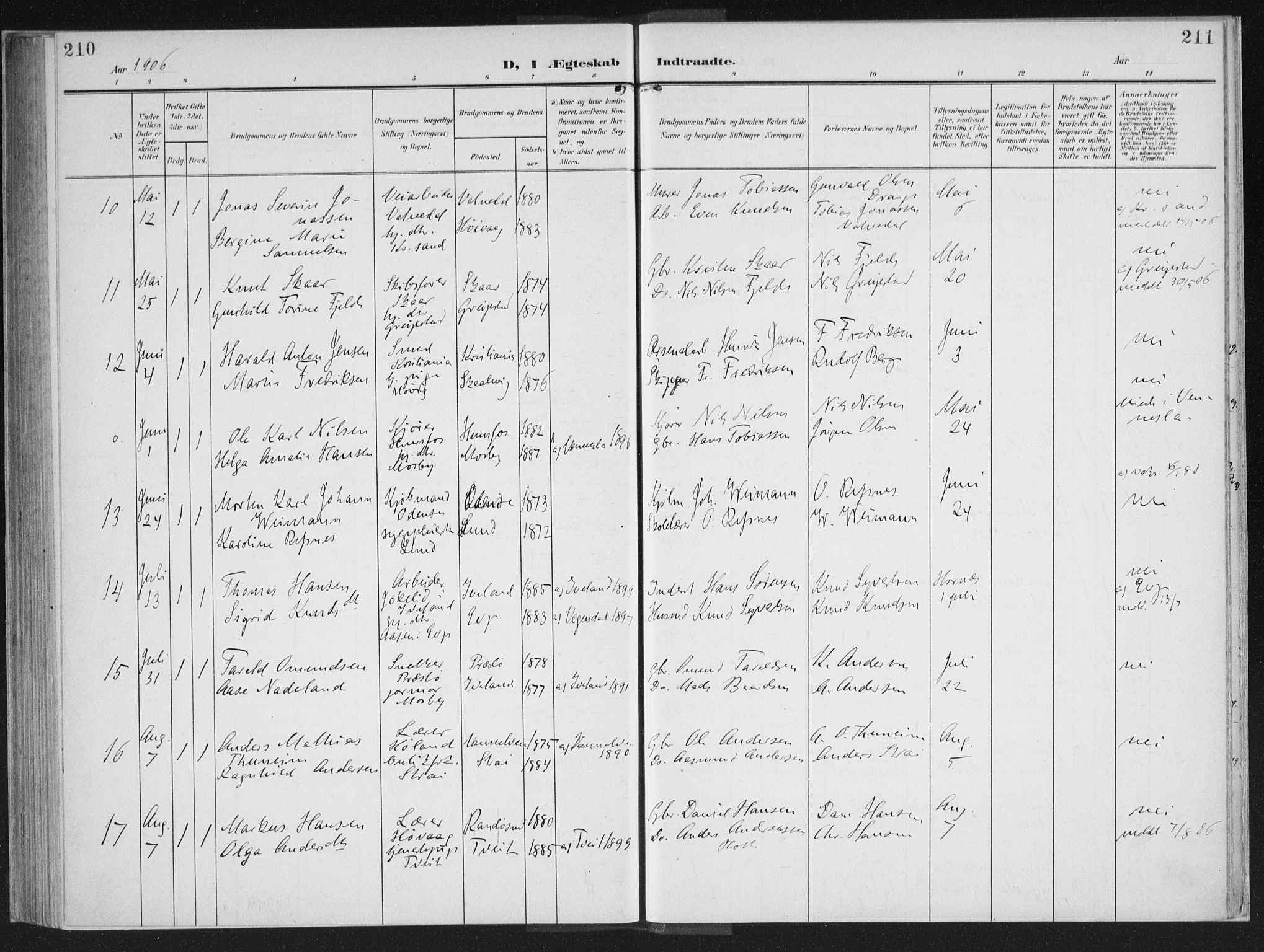 Oddernes sokneprestkontor, AV/SAK-1111-0033/F/Fa/Faa/L0011: Parish register (official) no. A 11, 1904-1911, p. 210-211