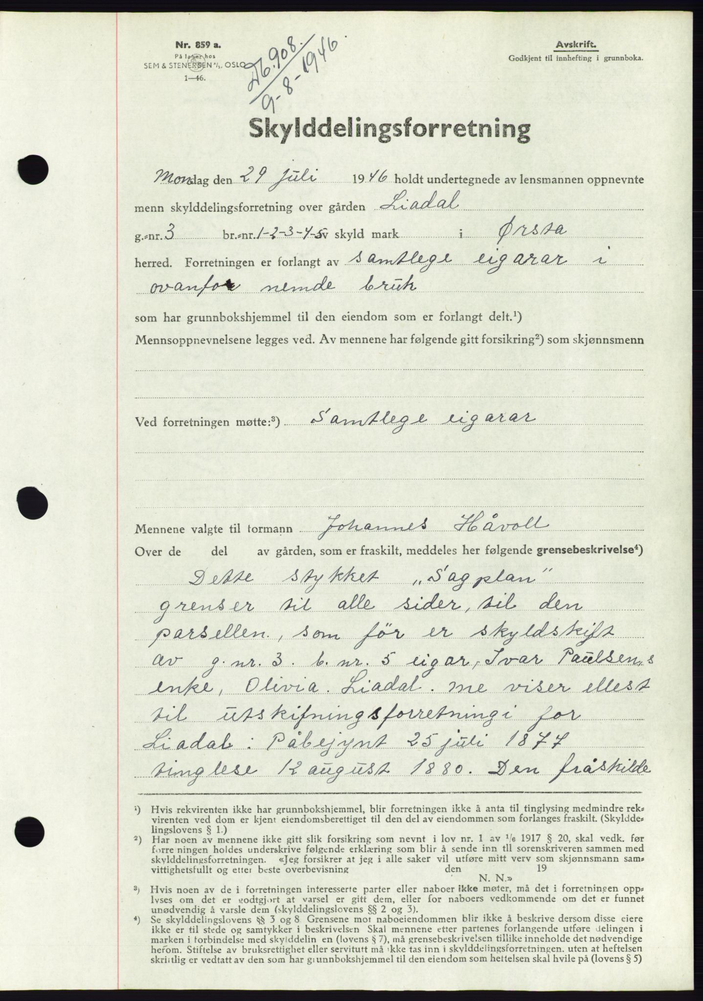 Søre Sunnmøre sorenskriveri, AV/SAT-A-4122/1/2/2C/L0078: Mortgage book no. 4A, 1946-1946, Diary no: : 908/1946