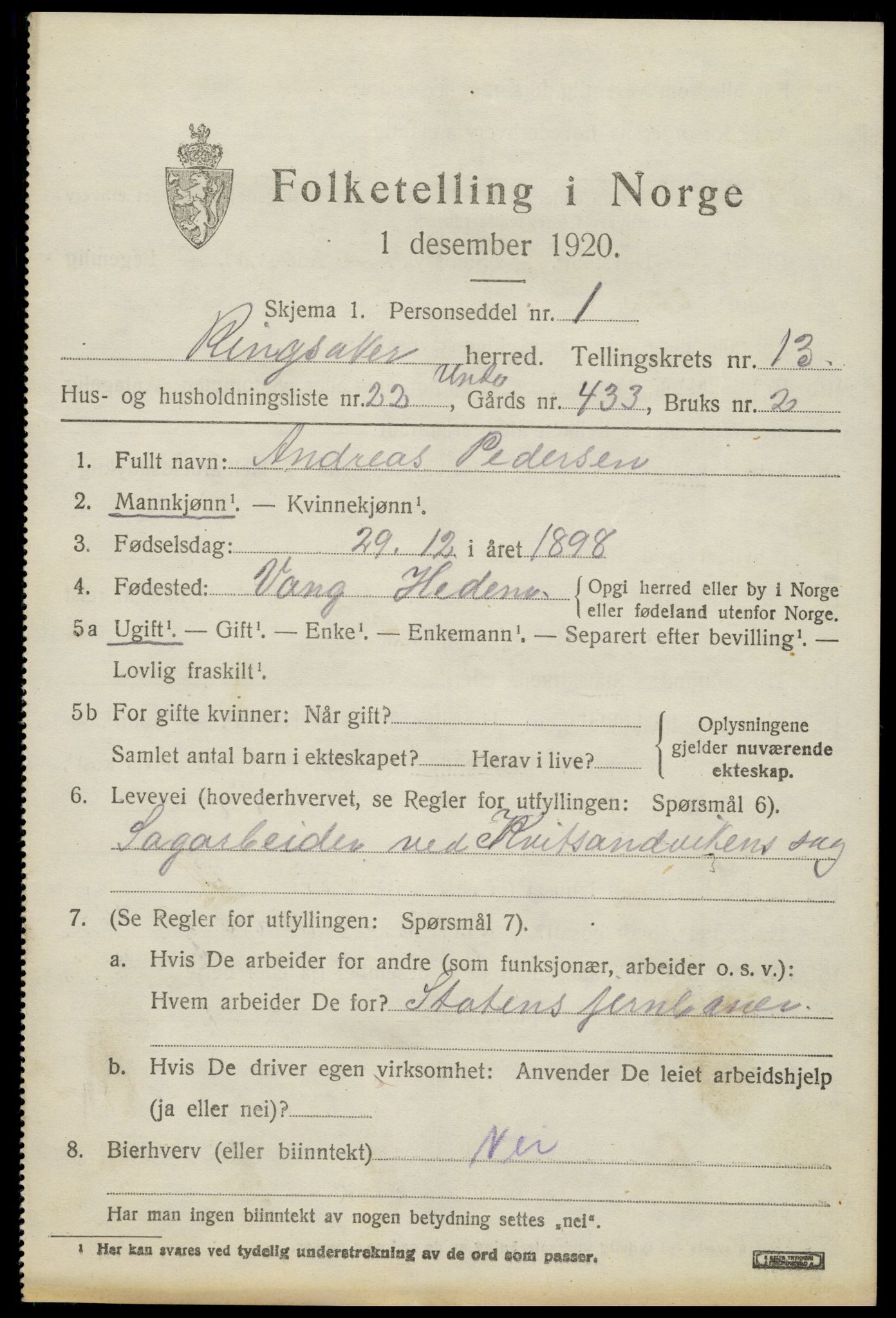 SAH, 1920 census for Ringsaker, 1920, p. 20928