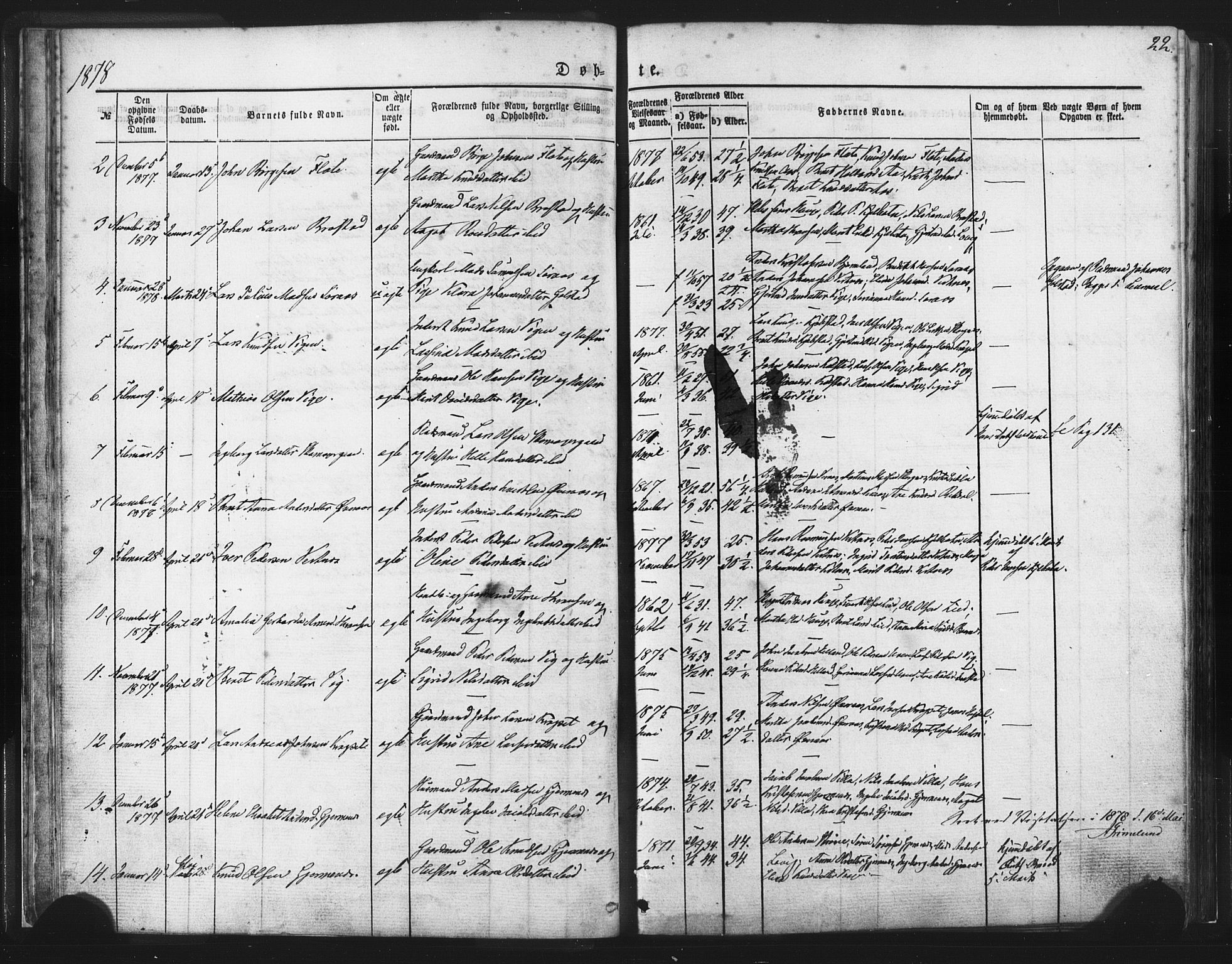 Ministerialprotokoller, klokkerbøker og fødselsregistre - Møre og Romsdal, AV/SAT-A-1454/539/L0530: Parish register (official) no. 539A03, 1872-1886, p. 22