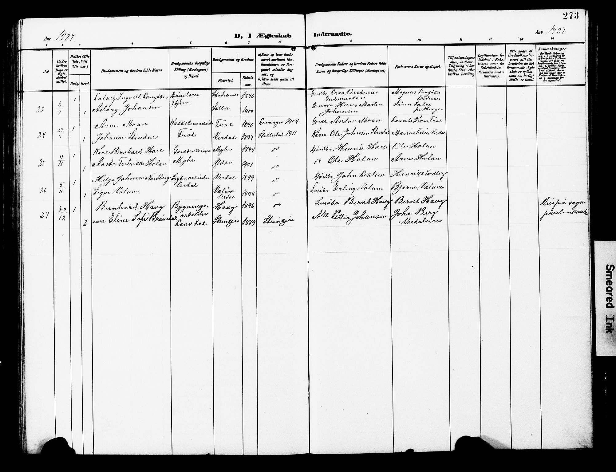 Ministerialprotokoller, klokkerbøker og fødselsregistre - Nord-Trøndelag, AV/SAT-A-1458/723/L0258: Parish register (copy) no. 723C06, 1908-1927, p. 273