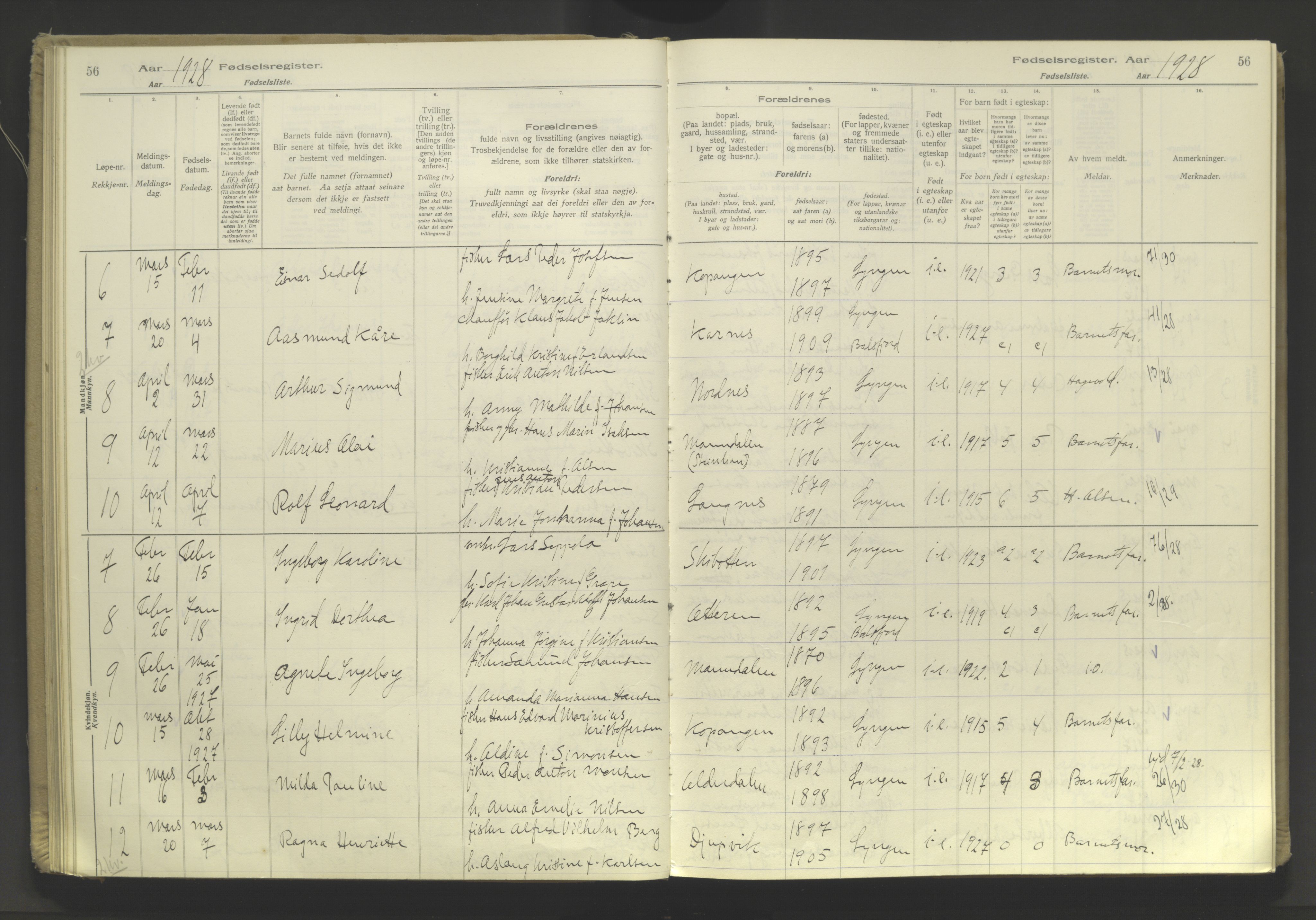 Lyngen sokneprestembete, SATØ/S-1289/I/Ia/L0076: Birth register no. 76, 1924-1945, p. 56