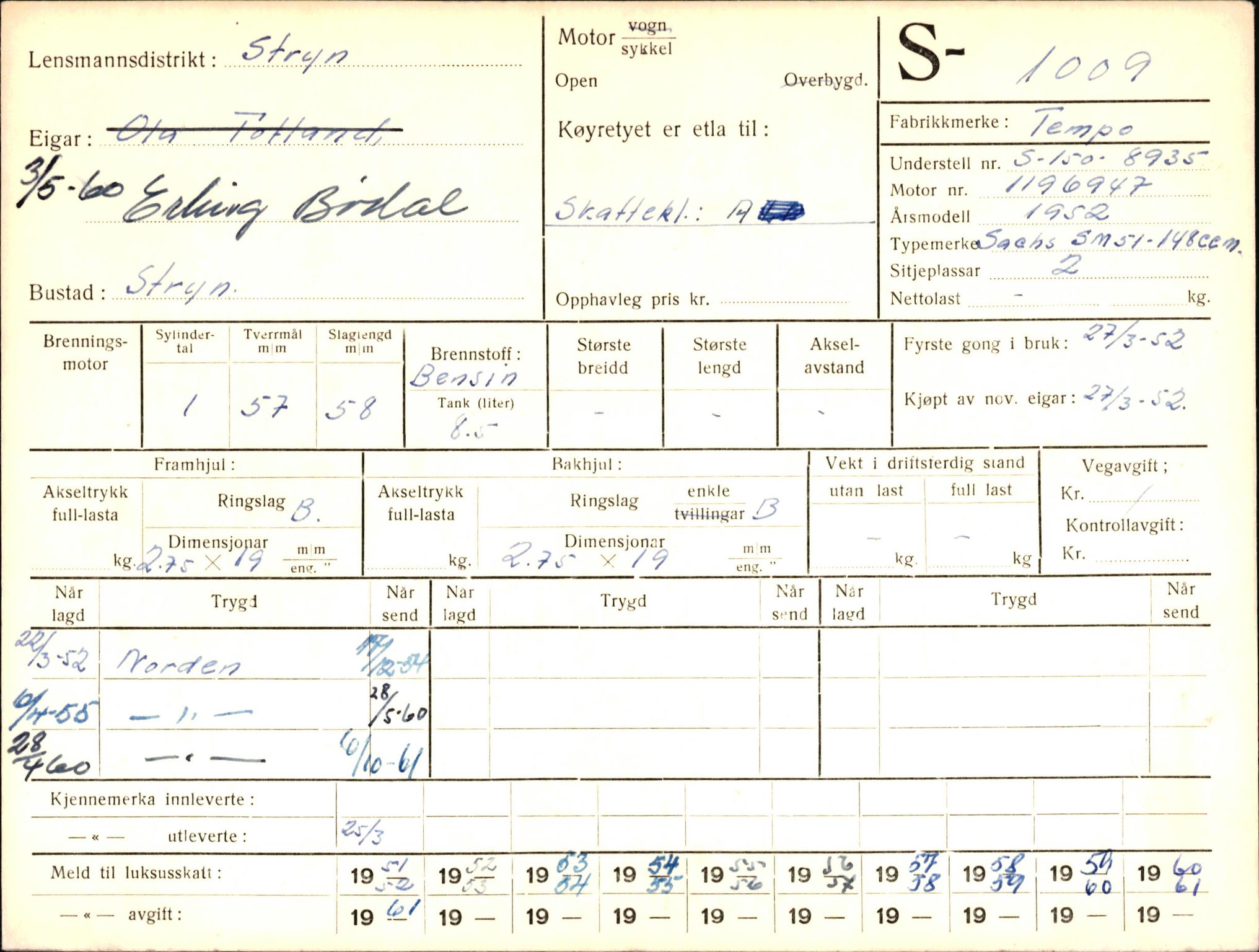 Statens vegvesen, Sogn og Fjordane vegkontor, AV/SAB-A-5301/4/F/L0003: Registerkort utmeldte Fjordane S1000-2499, 1930-1961, p. 15