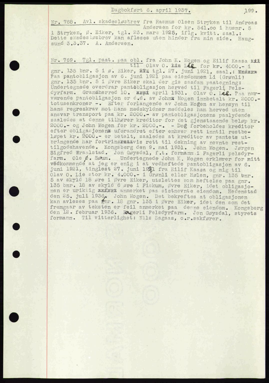 Eiker, Modum og Sigdal sorenskriveri, SAKO/A-123/G/Ga/Gab/L0035: Mortgage book no. A5, 1937-1937, Diary no: : 768/1937