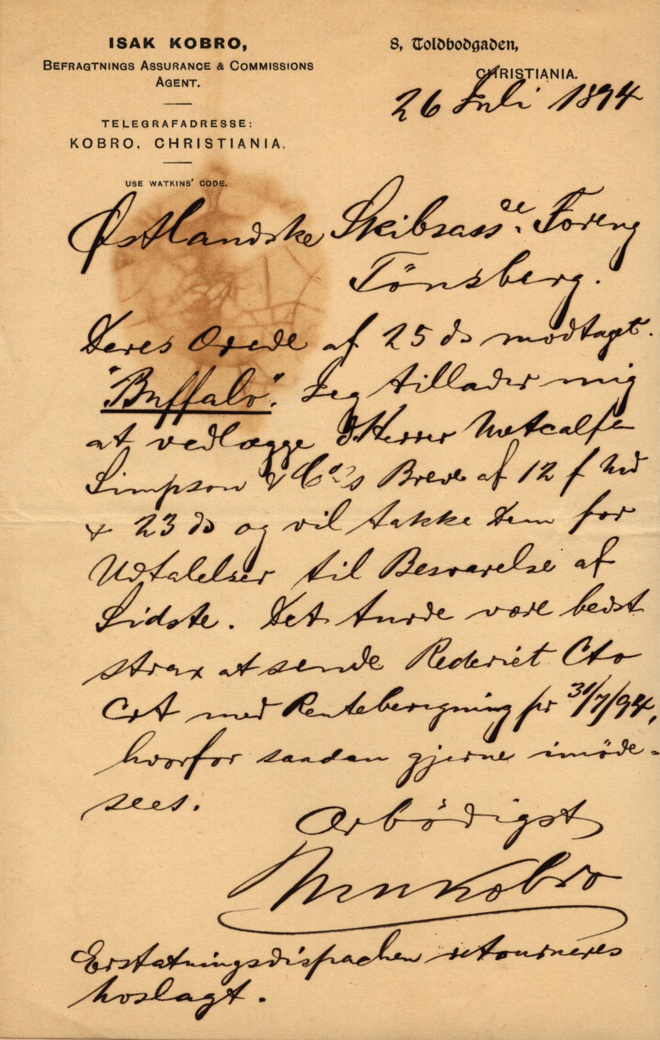 Pa 63 - Østlandske skibsassuranceforening, VEMU/A-1079/G/Ga/L0029/0009: Havaridokumenter / Anette, Agathe, Agra, Buffalo, 1893, p. 26