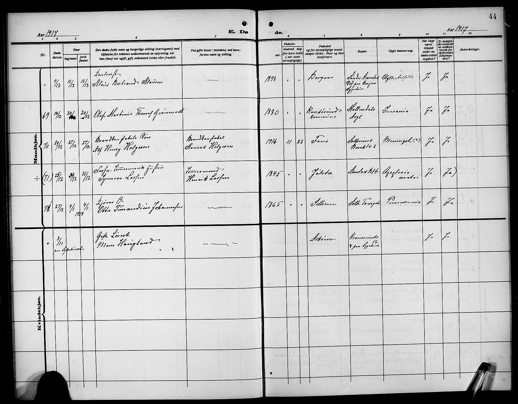 Årstad Sokneprestembete, AV/SAB-A-79301/H/Hab/L0024: Parish register (copy) no. D 1, 1915-1922, p. 44