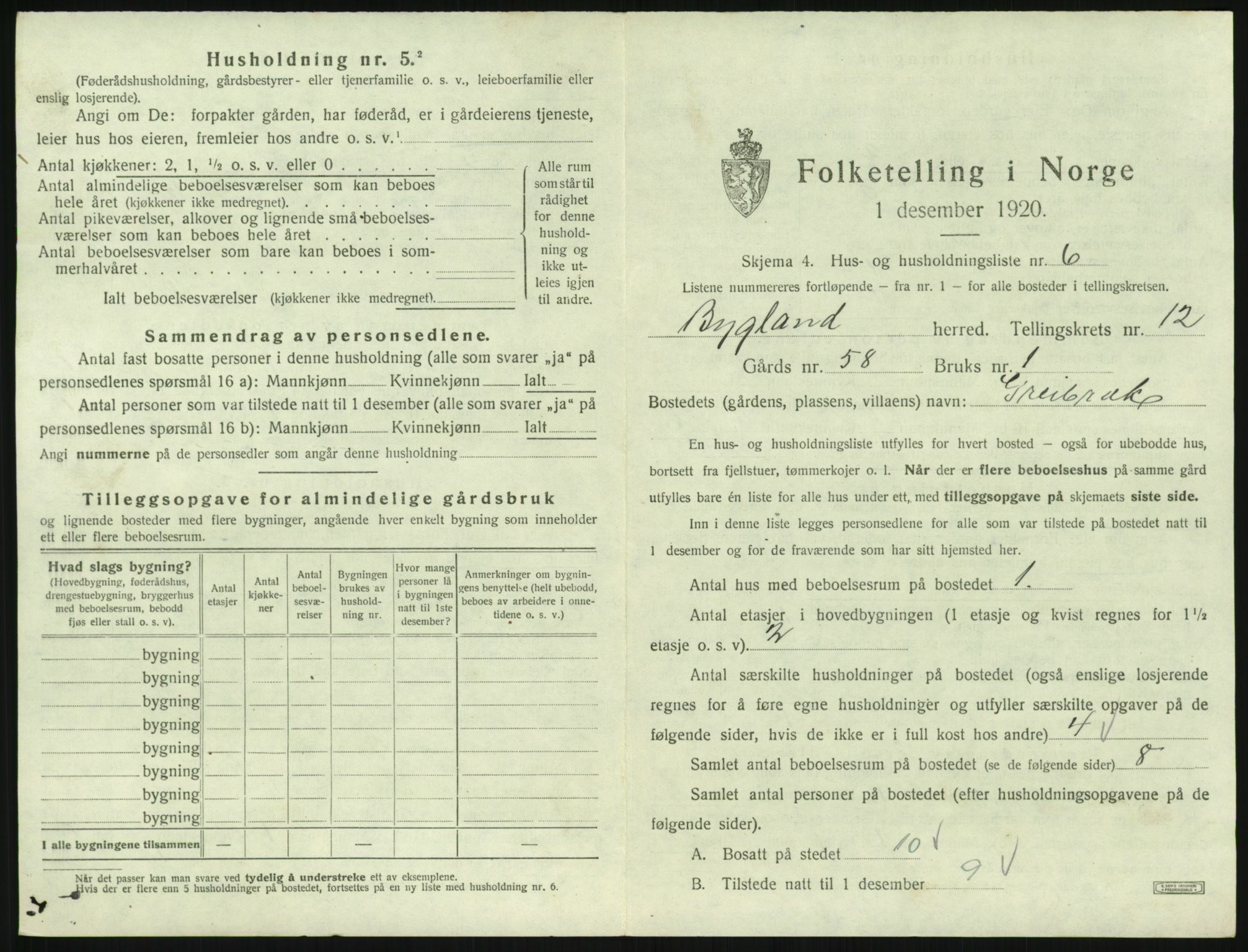 SAK, 1920 census for Bygland, 1920, p. 721