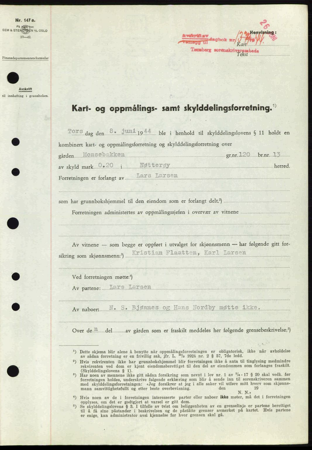 Tønsberg sorenskriveri, AV/SAKO-A-130/G/Ga/Gaa/L0015: Mortgage book no. A15, 1944-1944, Diary no: : 1379/1944