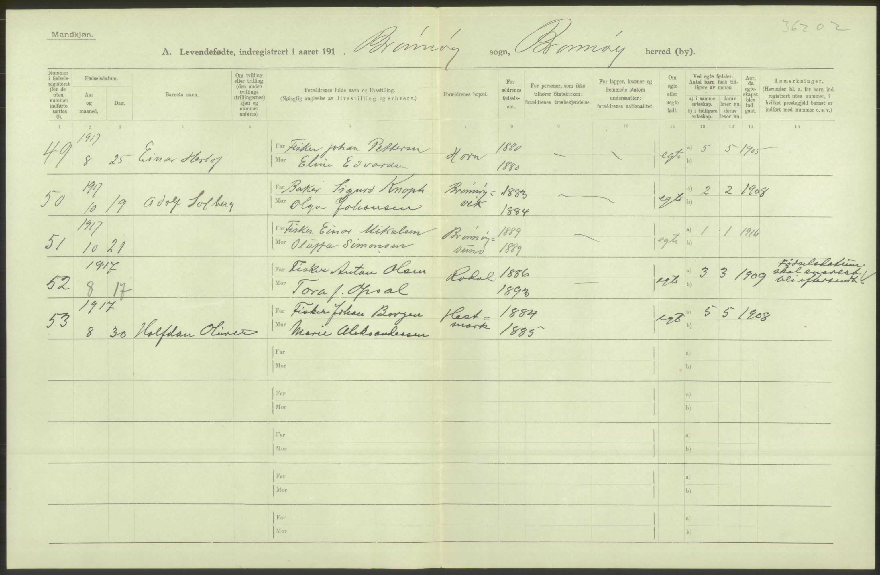 Statistisk sentralbyrå, Sosiodemografiske emner, Befolkning, AV/RA-S-2228/D/Df/Dfb/Dfbg/L0050: Nordlands amt: Levendefødte menn og kvinner. Bygder., 1917, p. 614