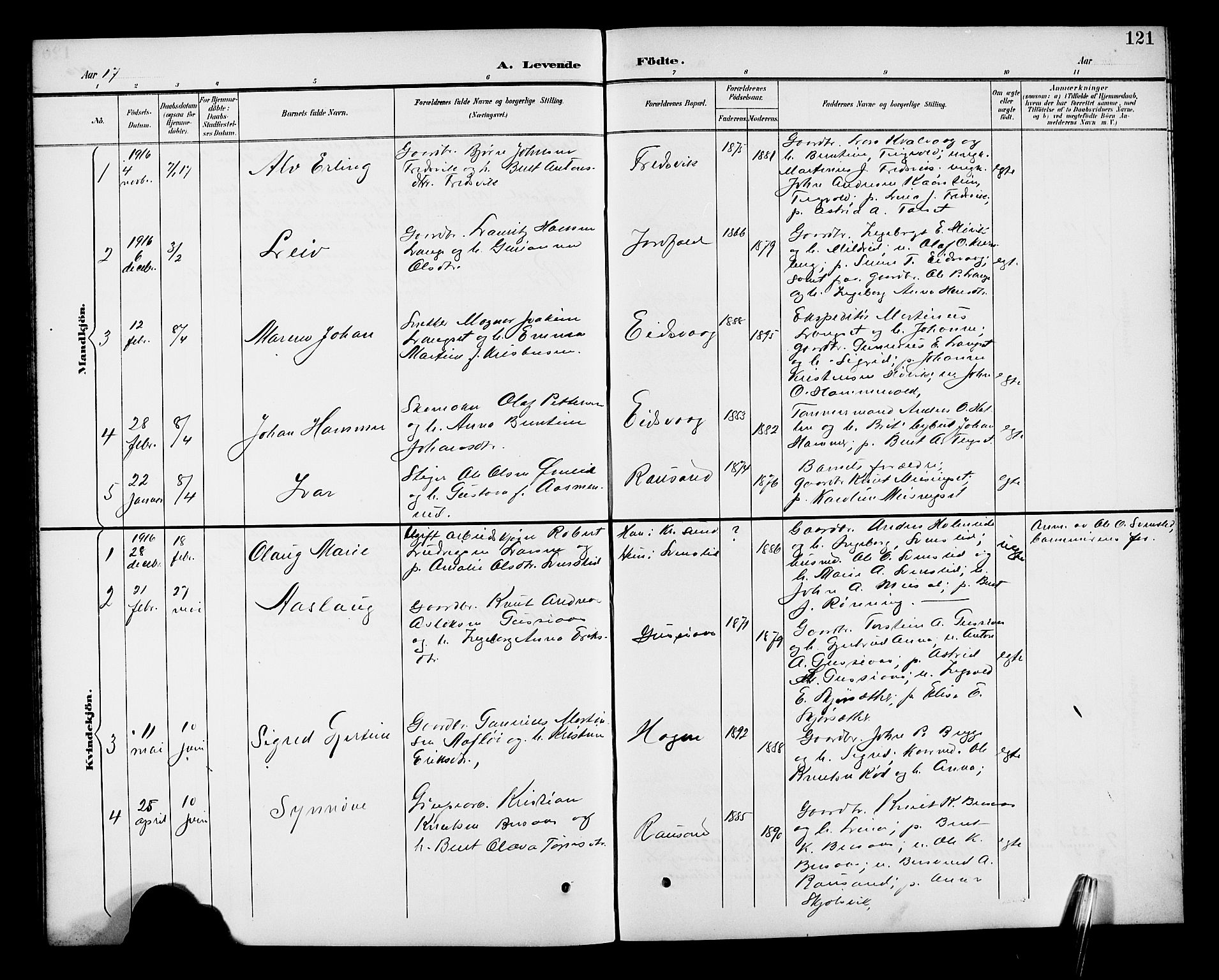 Ministerialprotokoller, klokkerbøker og fødselsregistre - Møre og Romsdal, SAT/A-1454/551/L0632: Parish register (copy) no. 551C04, 1894-1920, p. 121