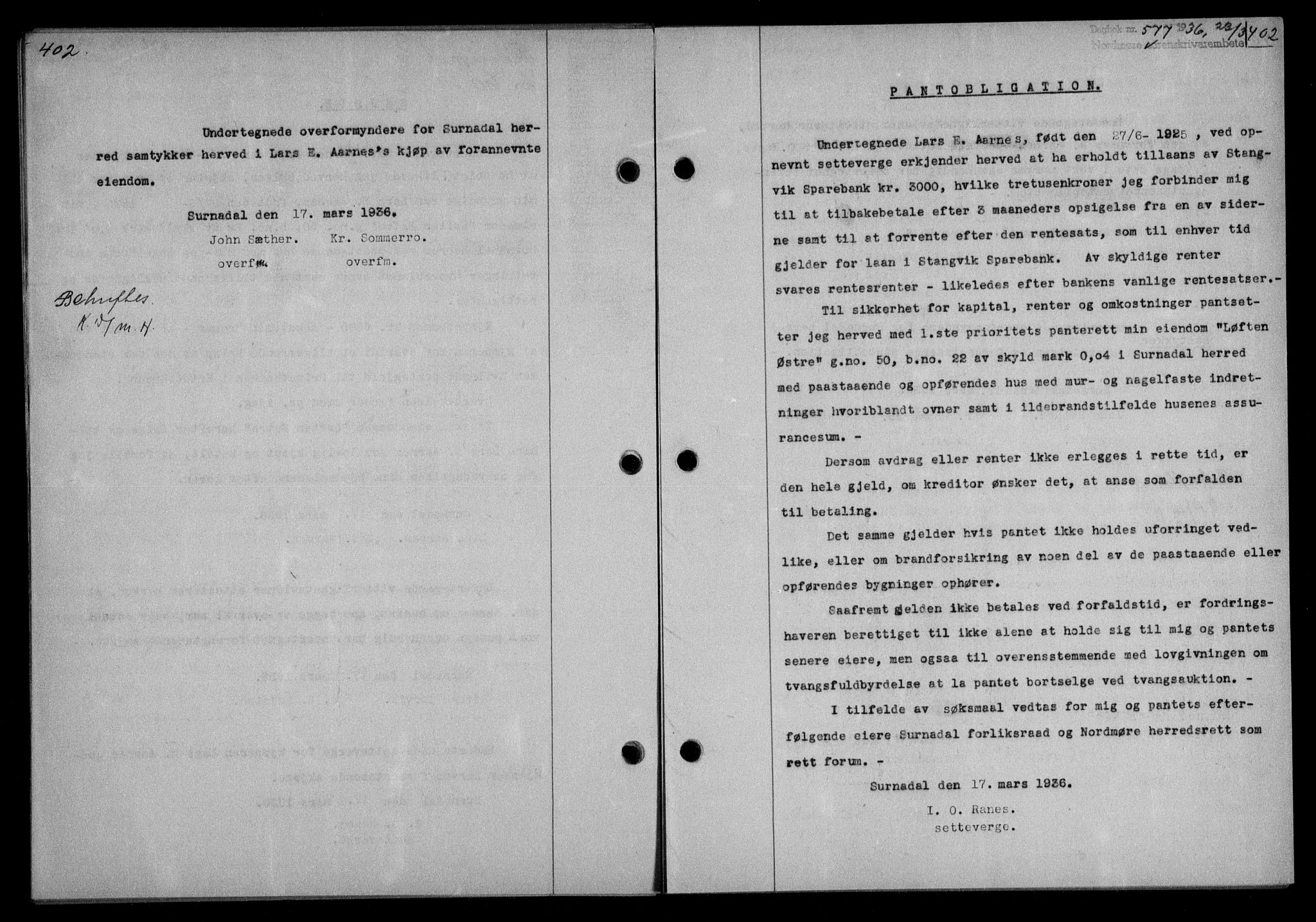 Nordmøre sorenskriveri, AV/SAT-A-4132/1/2/2Ca/L0087: Mortgage book no. 77, 1935-1936, Deed date: 23.03.1936