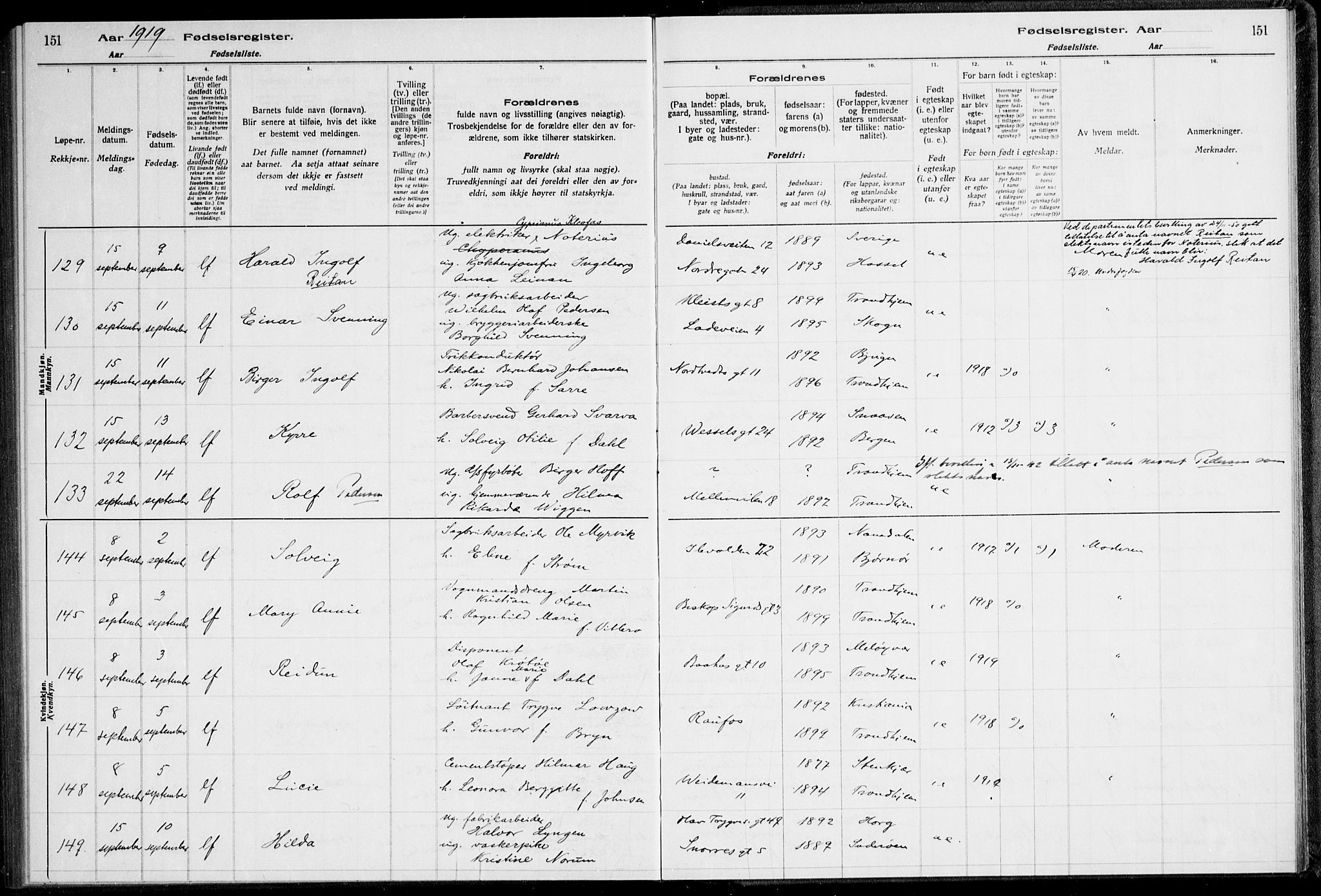 Ministerialprotokoller, klokkerbøker og fødselsregistre - Sør-Trøndelag, AV/SAT-A-1456/600/L0002: Birth register no. 600.II.4.1, 1916-1920, p. 151