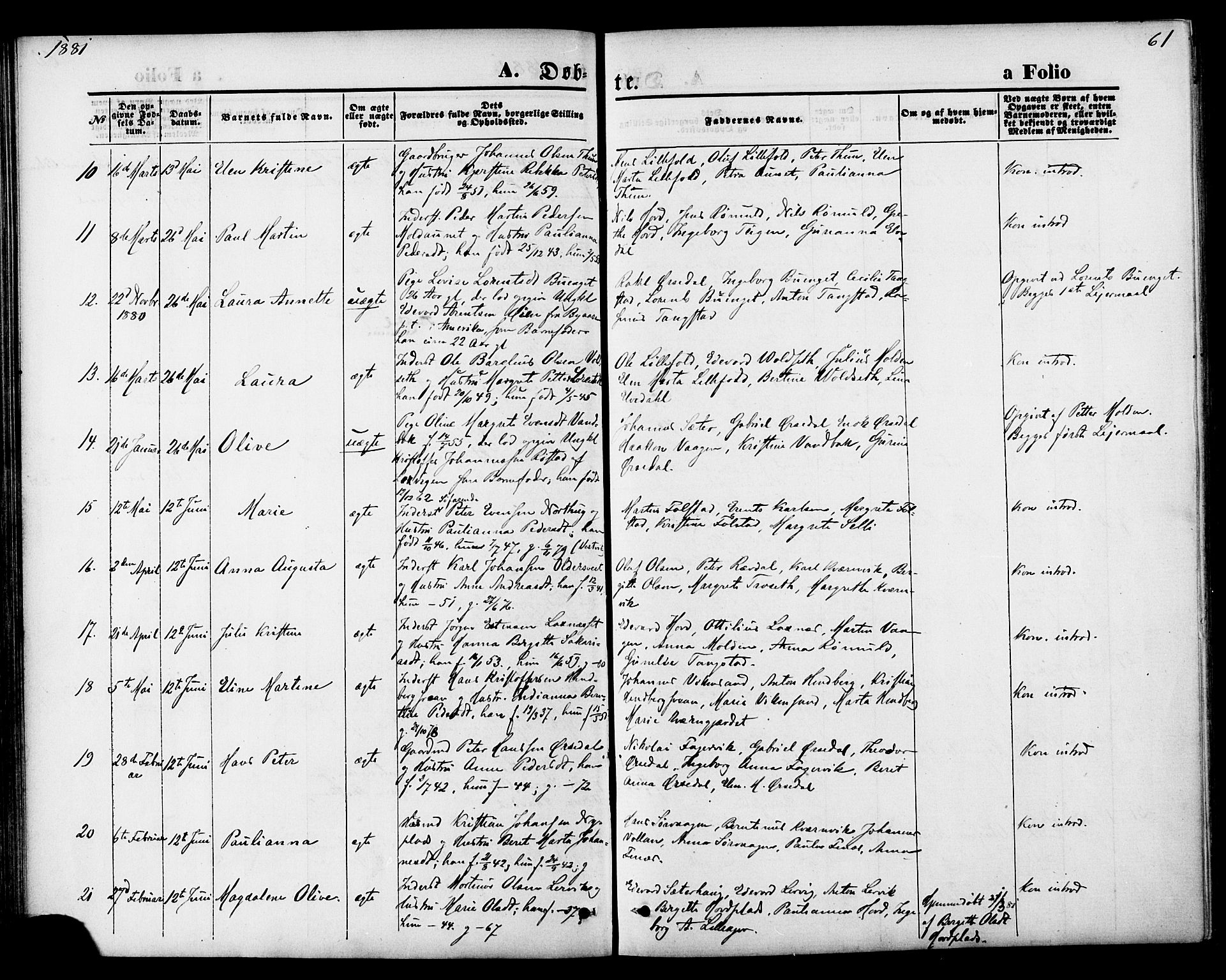 Ministerialprotokoller, klokkerbøker og fødselsregistre - Nord-Trøndelag, SAT/A-1458/744/L0419: Parish register (official) no. 744A03, 1867-1881, p. 61