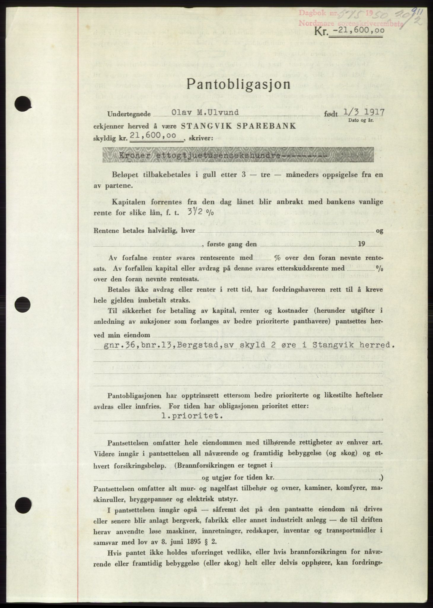 Nordmøre sorenskriveri, AV/SAT-A-4132/1/2/2Ca: Mortgage book no. B103, 1949-1950, Diary no: : 575/1950