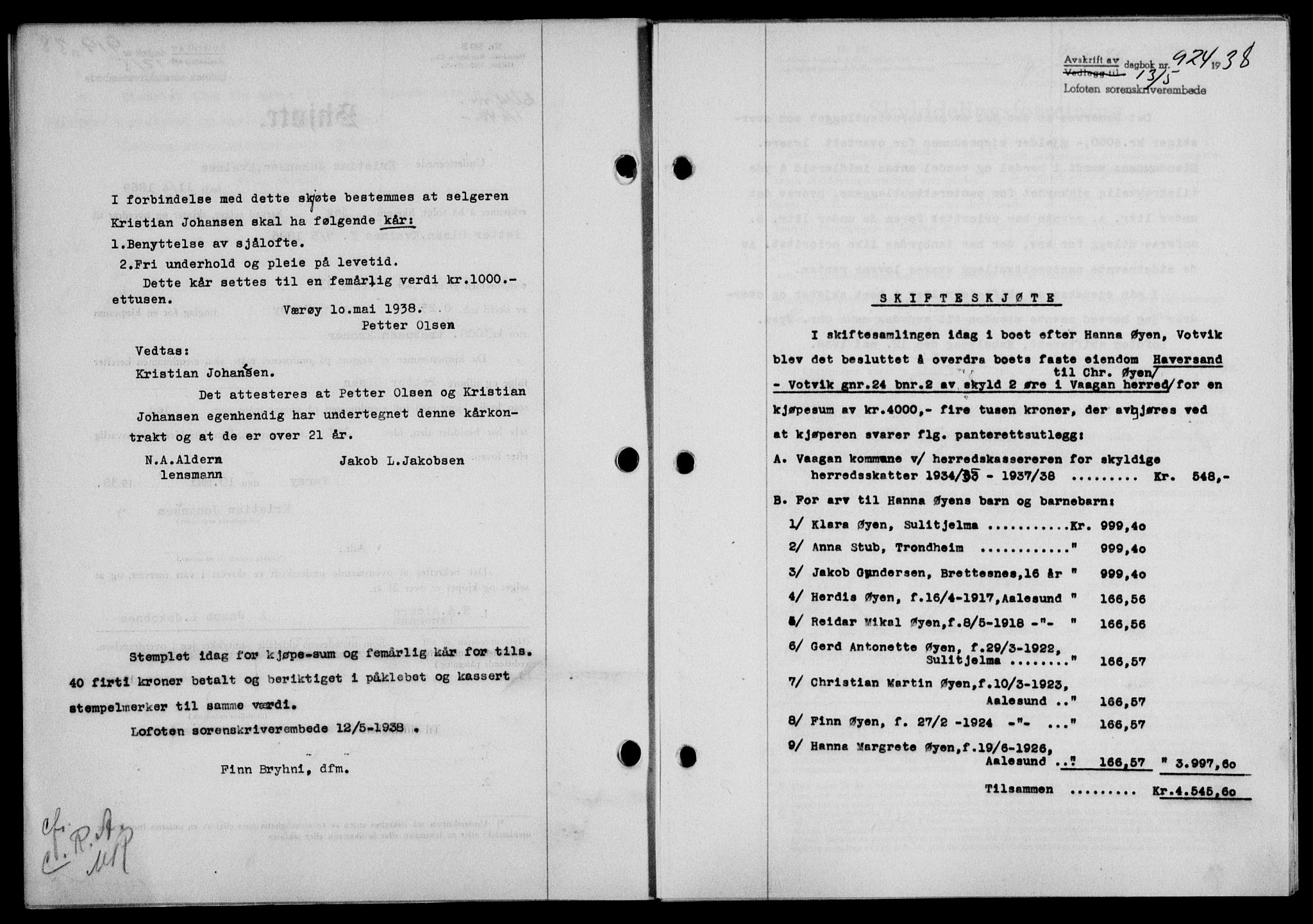 Lofoten sorenskriveri, SAT/A-0017/1/2/2C/L0004a: Mortgage book no. 4a, 1938-1938, Diary no: : 924/1938