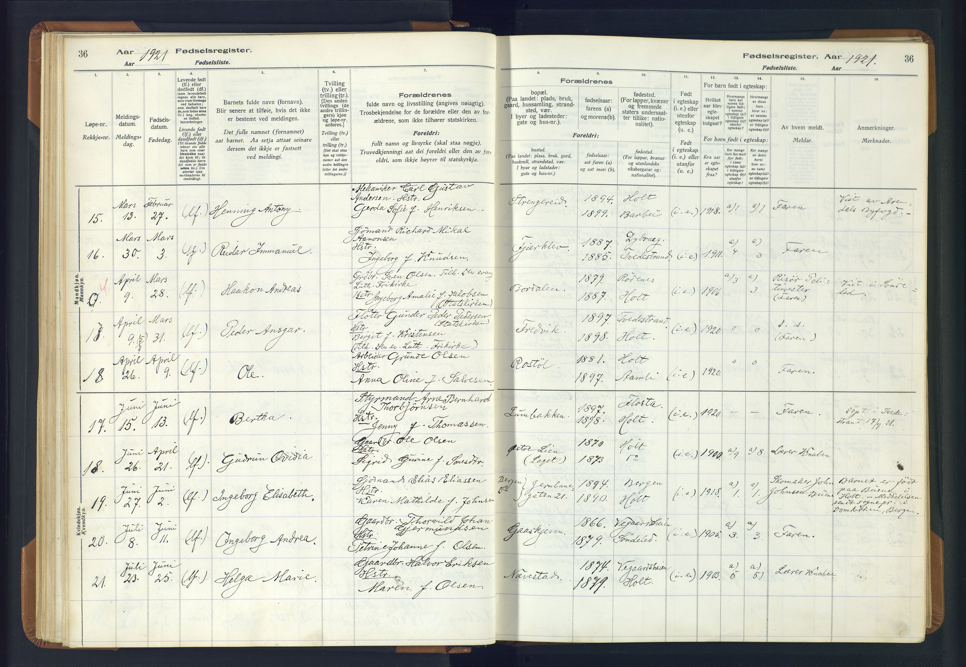 Holt sokneprestkontor, AV/SAK-1111-0021/J/Ja/L0001: Birth register no. II.4.1, 1916-1946, p. 36