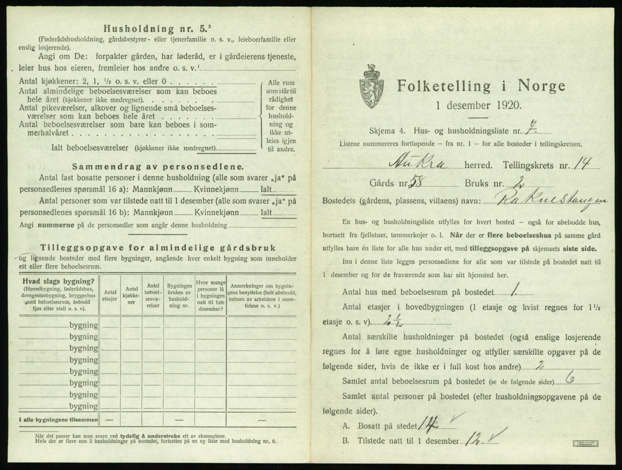 SAT, 1920 census for Aukra, 1920, p. 843