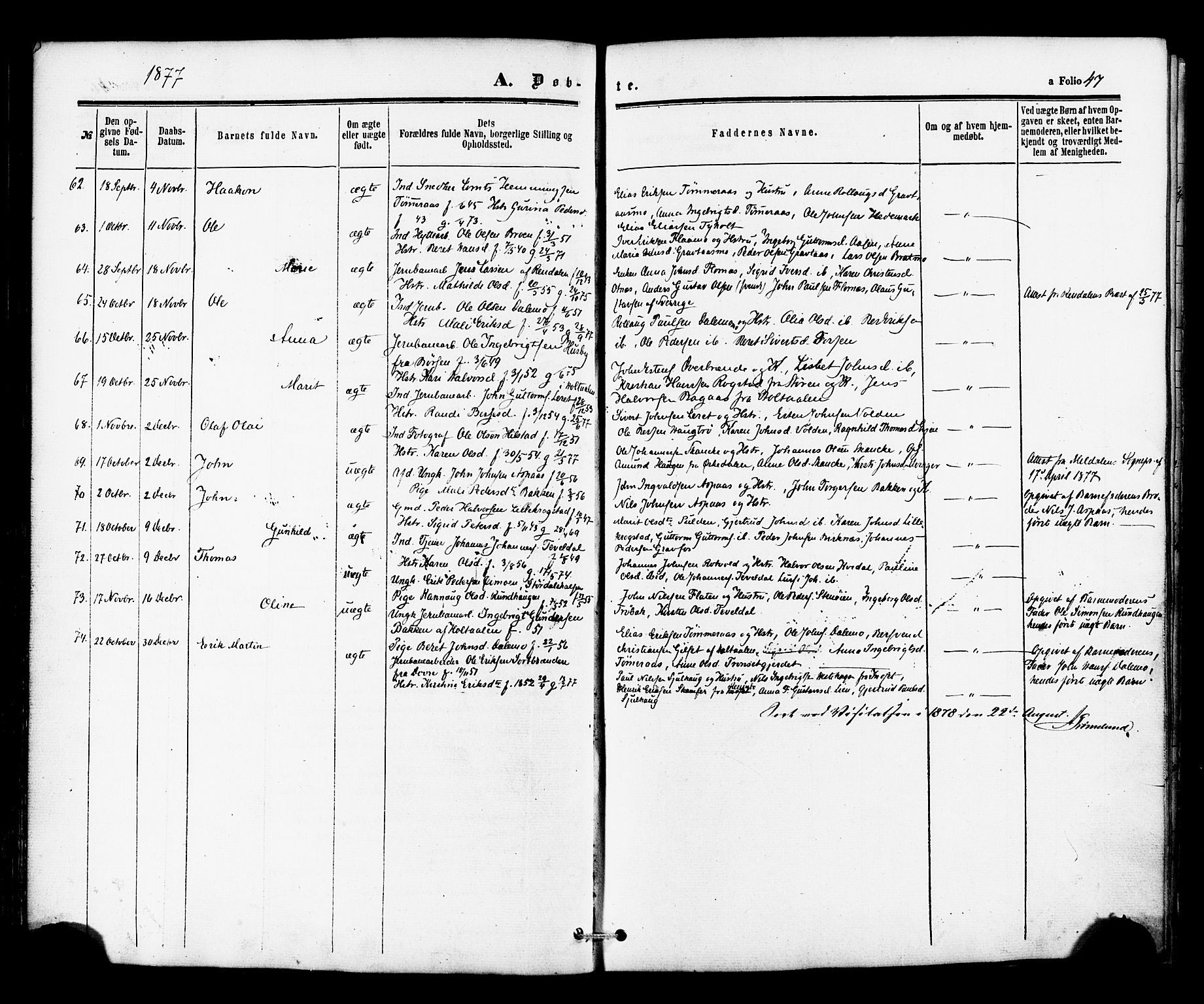 Ministerialprotokoller, klokkerbøker og fødselsregistre - Nord-Trøndelag, SAT/A-1458/706/L0041: Parish register (official) no. 706A02, 1862-1877, p. 47