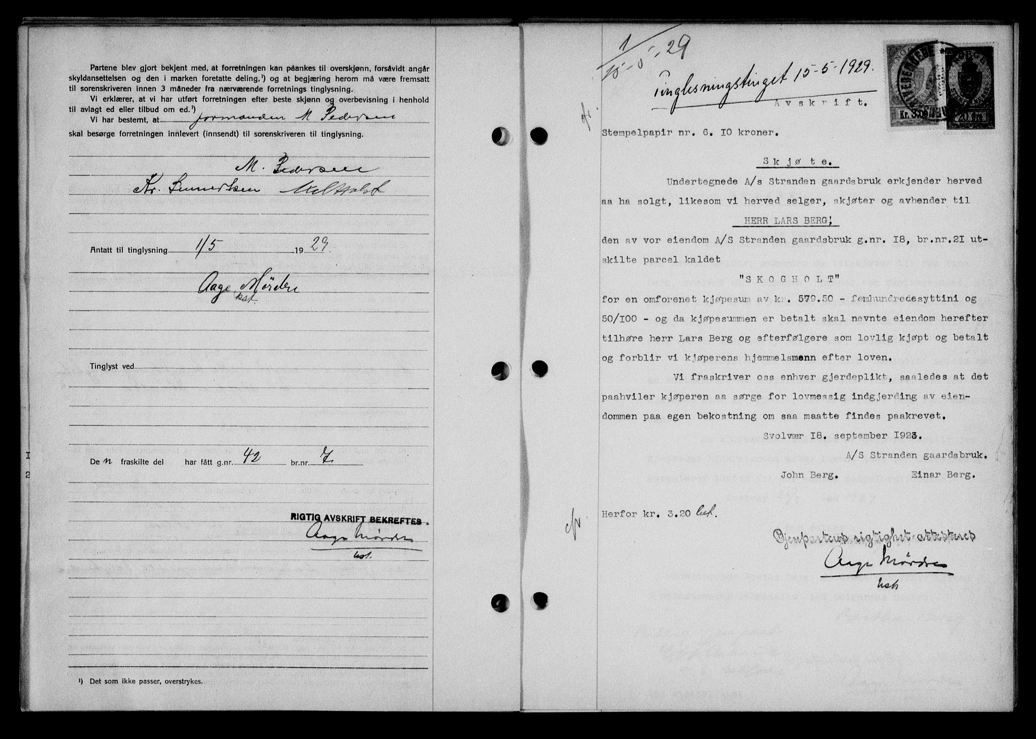 Lofoten sorenskriveri, AV/SAT-A-0017/1/2/2C/L0019b: Mortgage book no. 19b, 1929-1929, Deed date: 15.05.1929