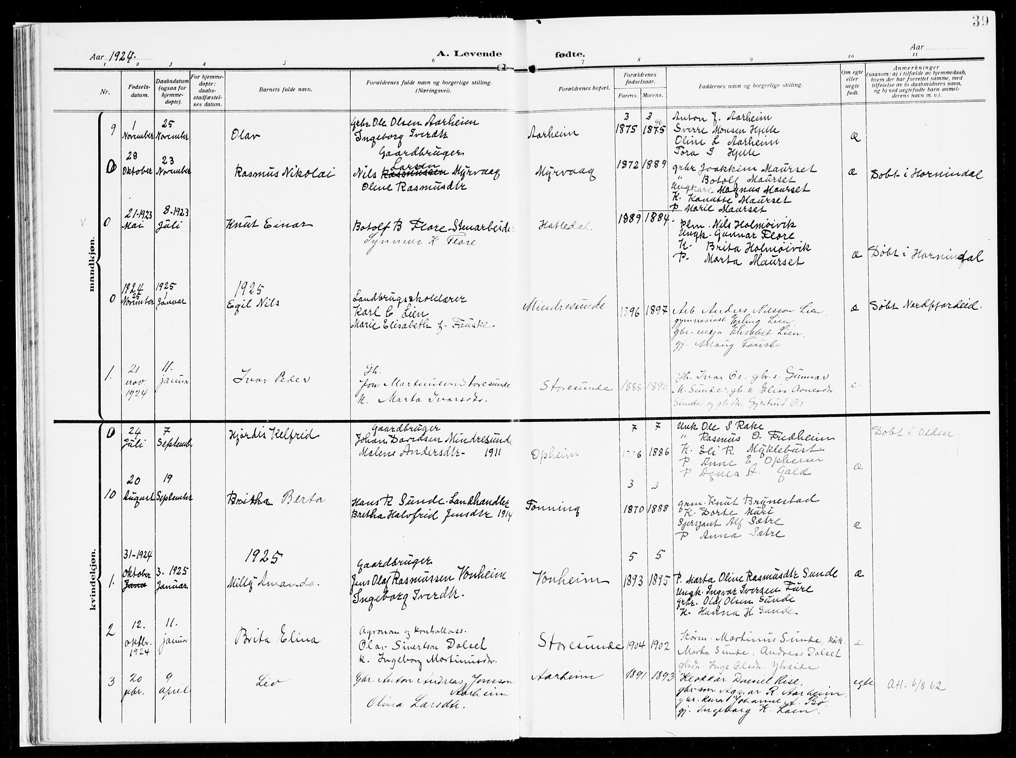 Stryn Sokneprestembete, AV/SAB-A-82501: Parish register (official) no. B 2, 1908-1936, p. 39