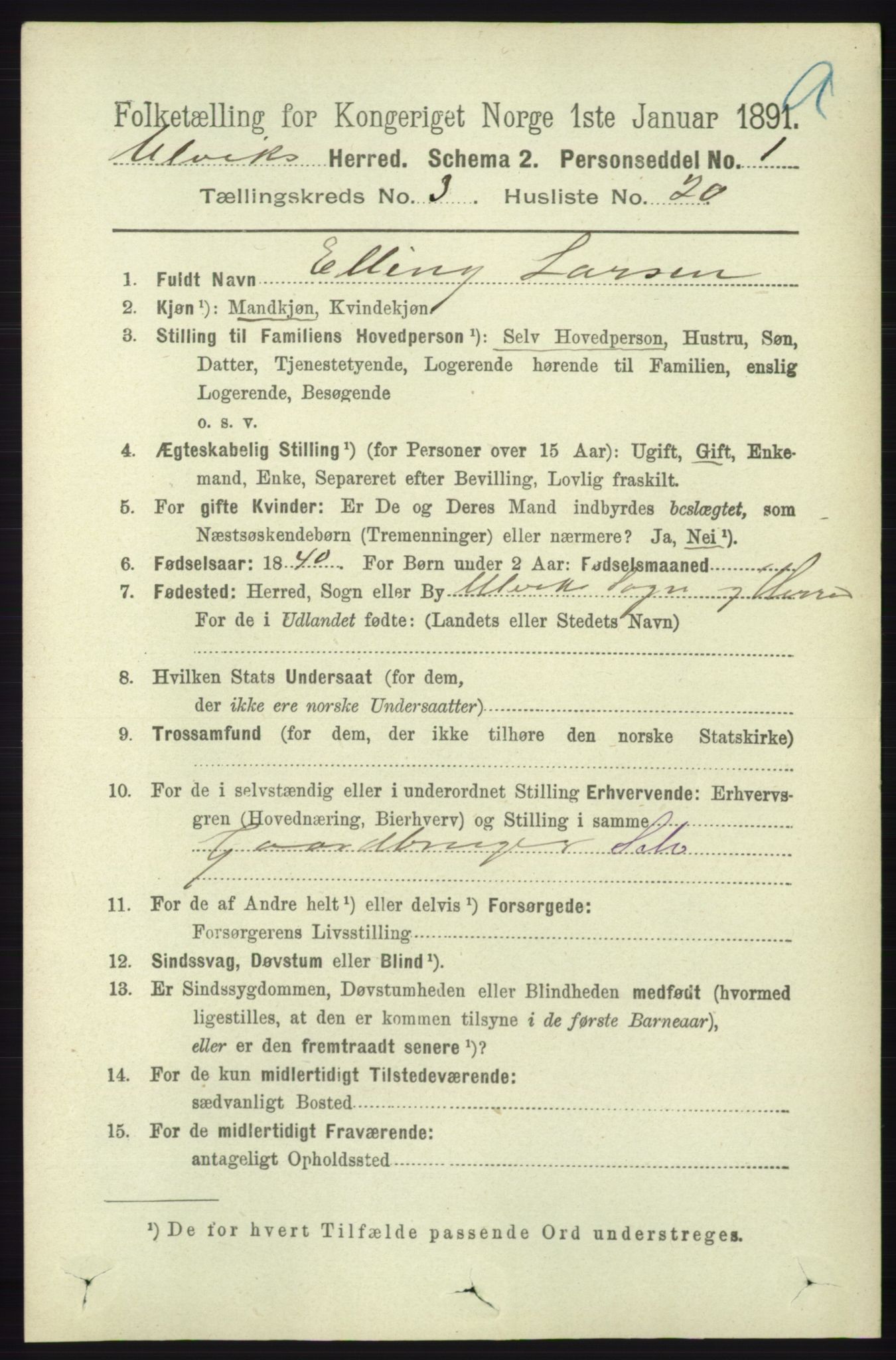 RA, 1891 census for 1233 Ulvik, 1891, p. 420