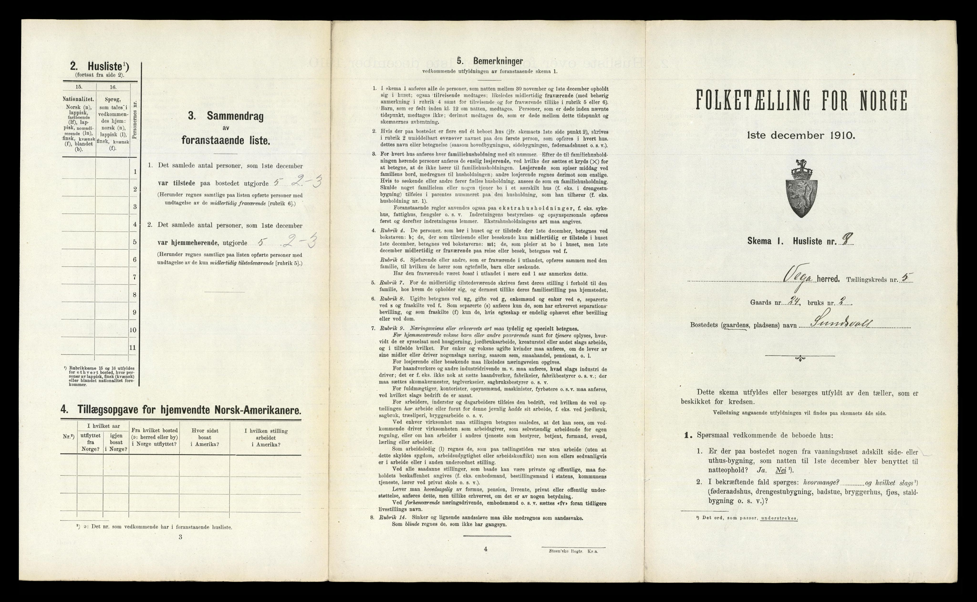 RA, 1910 census for Vega, 1910, p. 436