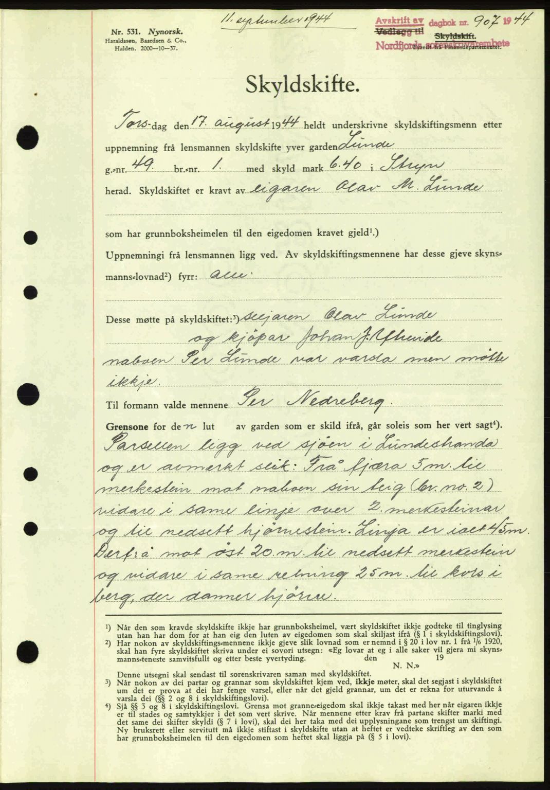 Nordfjord sorenskriveri, AV/SAB-A-2801/02/02b/02bj/L0009a: Mortgage book no. A9 I, 1944-1944, Diary no: : 907/1944