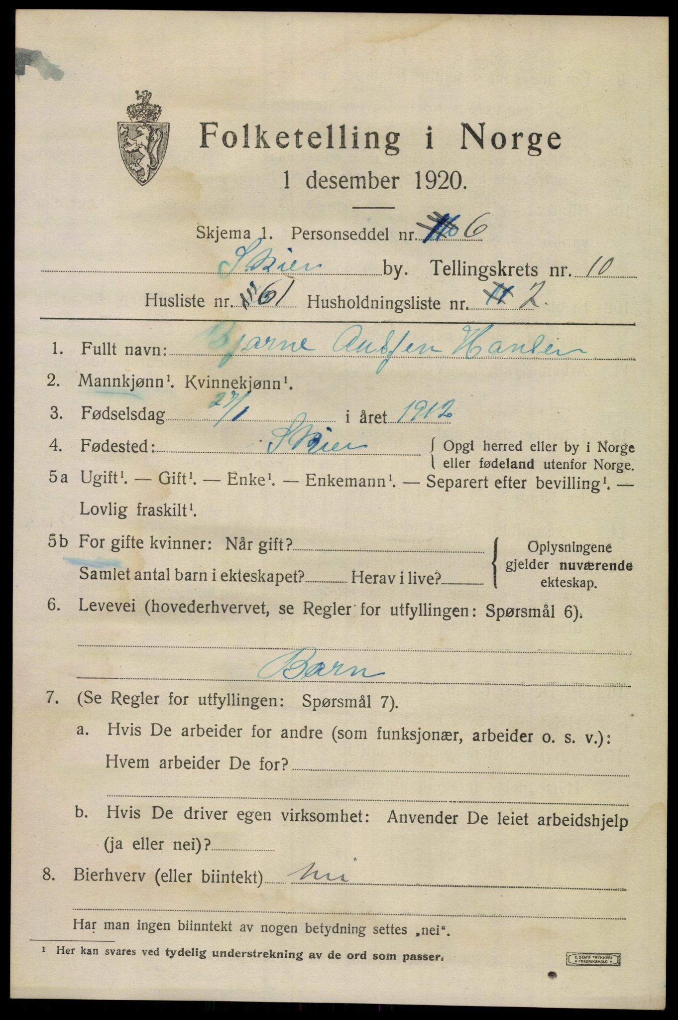 SAKO, 1920 census for Skien, 1920, p. 33136