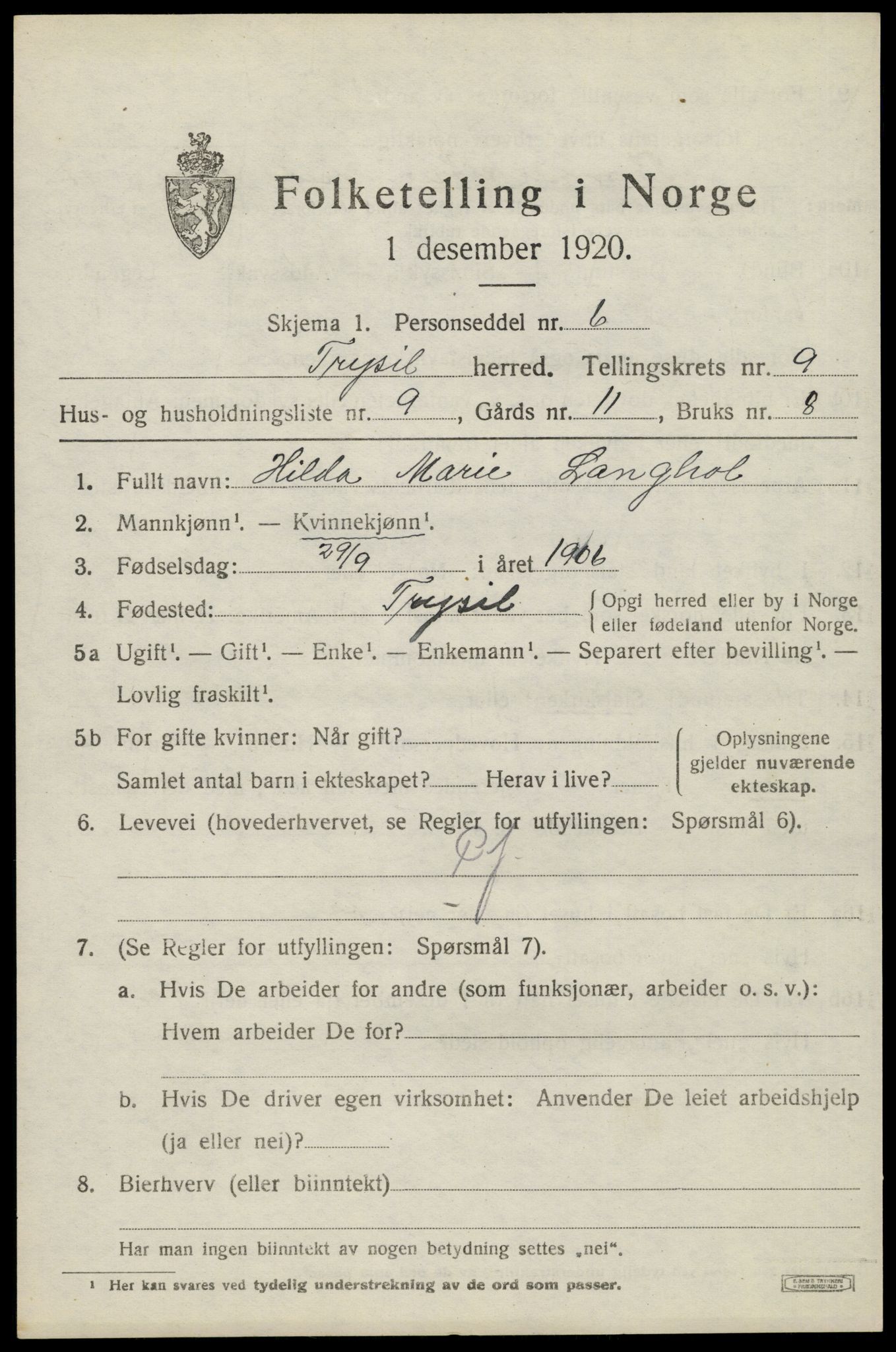 SAH, 1920 census for Trysil, 1920, p. 6653