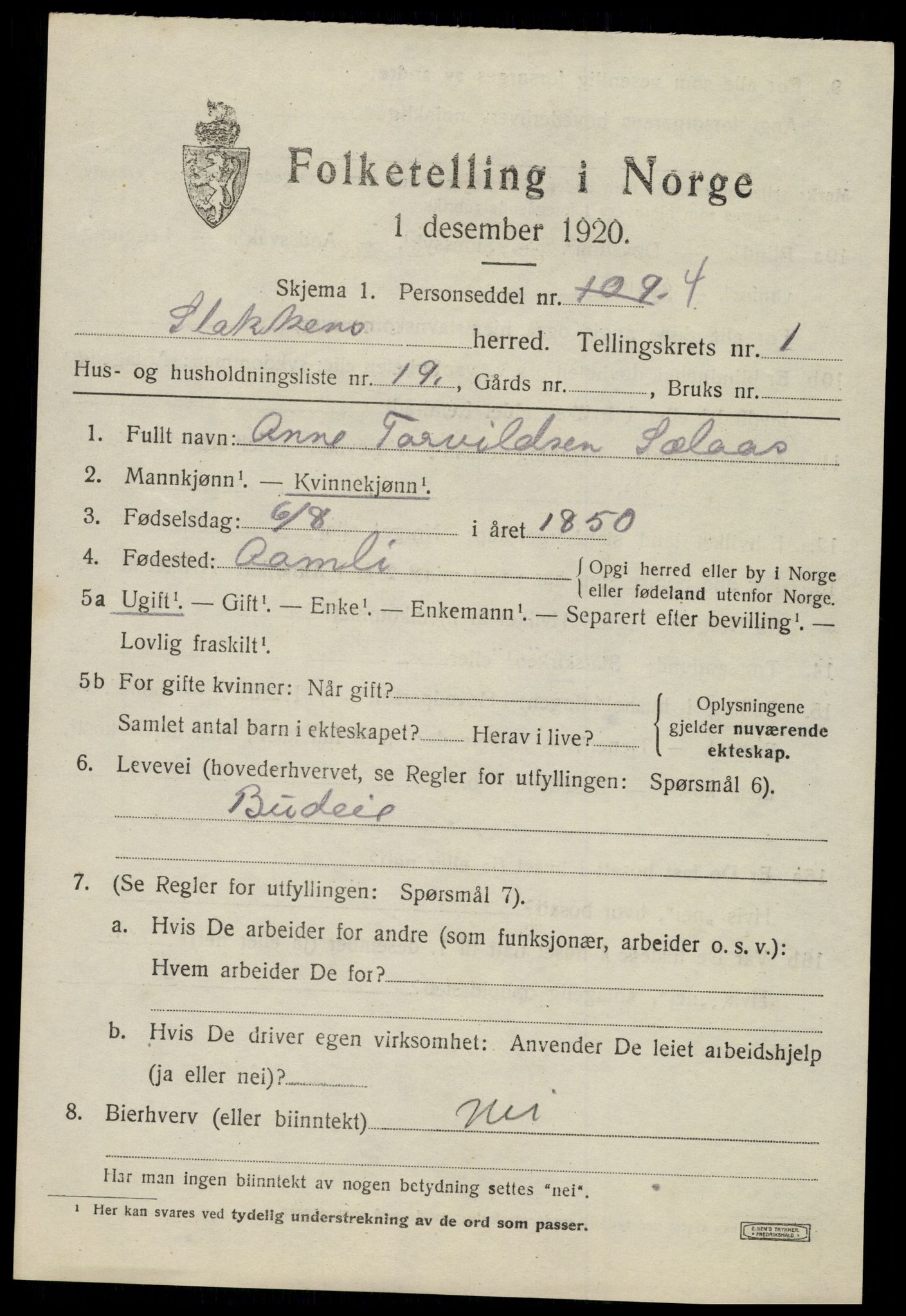 SAK, 1920 census for Stokken, 1920, p. 788