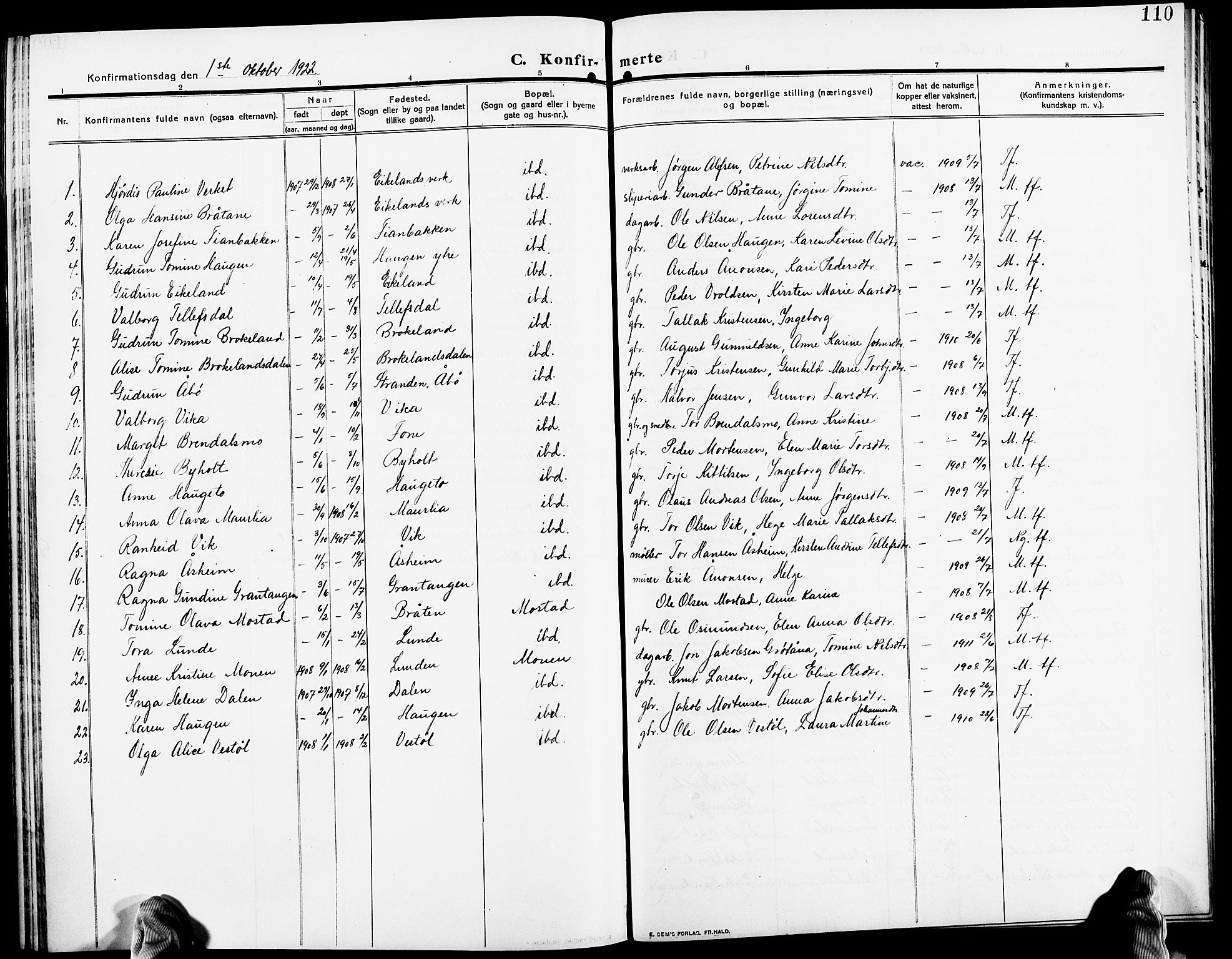 Gjerstad sokneprestkontor, SAK/1111-0014/F/Fb/Fba/L0008: Parish register (copy) no. B 8, 1909-1925, p. 110