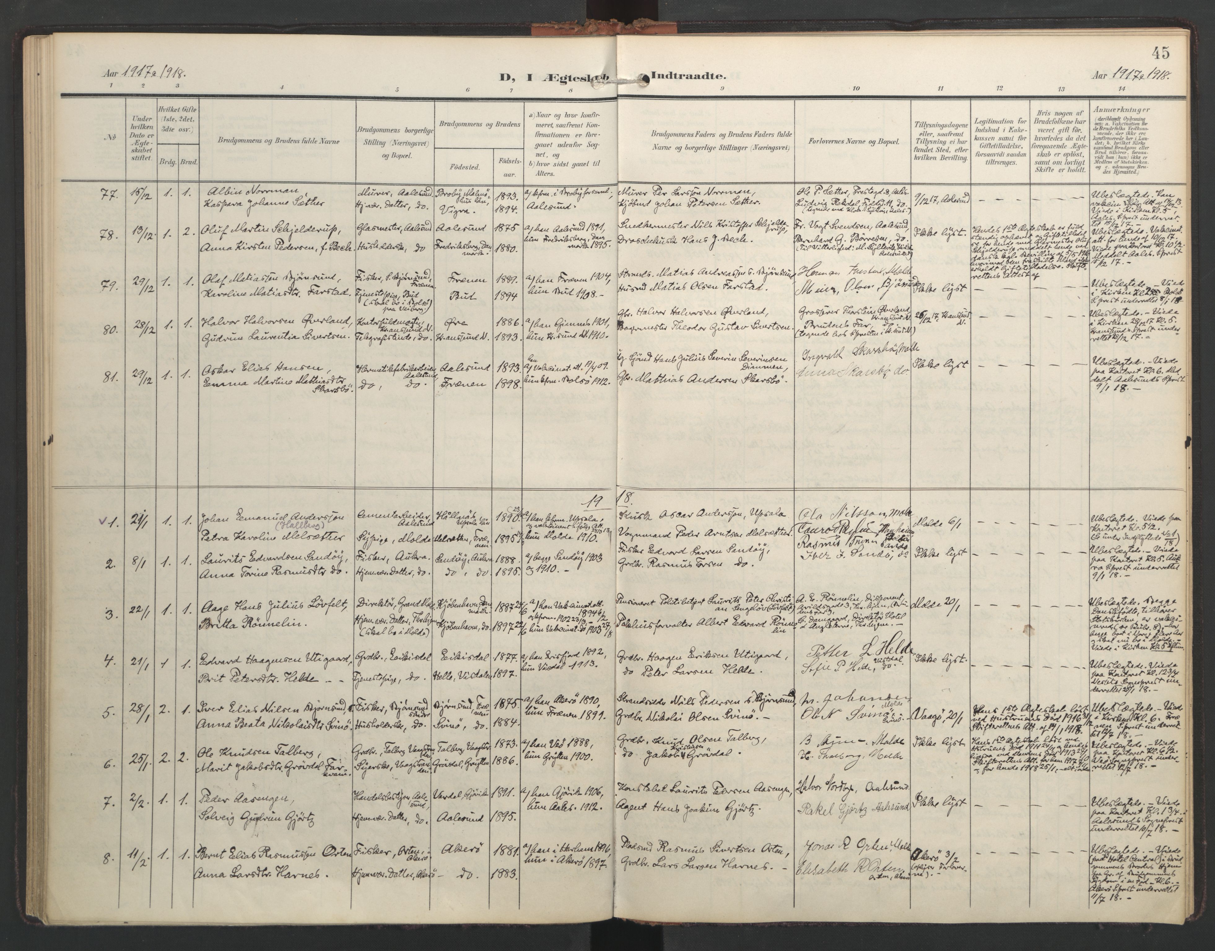 Ministerialprotokoller, klokkerbøker og fødselsregistre - Møre og Romsdal, AV/SAT-A-1454/558/L0694: Parish register (official) no. 558A08, 1907-1922, p. 45